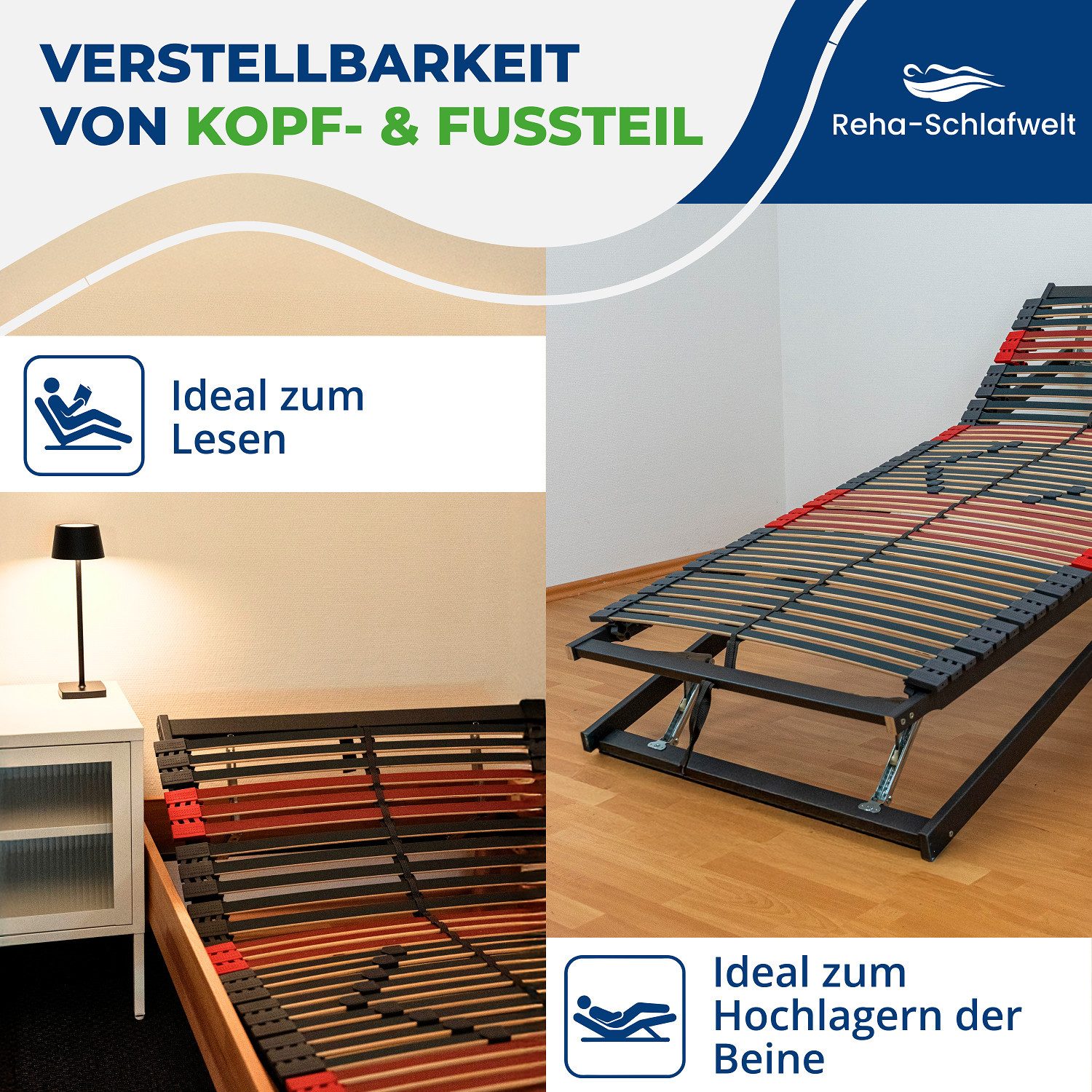 Lattenrost RELAXANA KF, Reha-Schlafwelt, Kopfteil manuell verstellbar, Fußteil manuell verstellbar, 42 Leisten, Härtegradeinstellung, fertig montiert, 90x200 cm