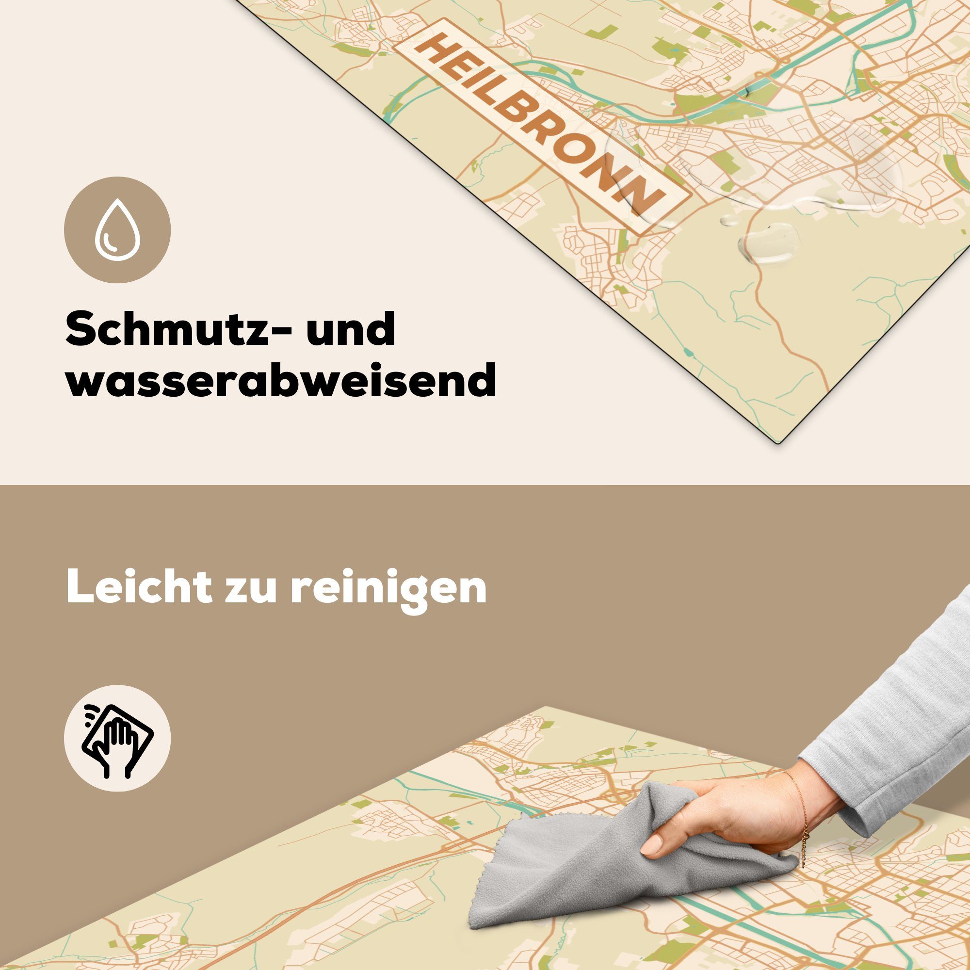 - Herdblende-/Abdeckplatte Stadtplan (1 - küche Vinyl, tlg), MuchoWow Karte, Arbeitsplatte Heilbronn 78x78 für Ceranfeldabdeckung, cm,