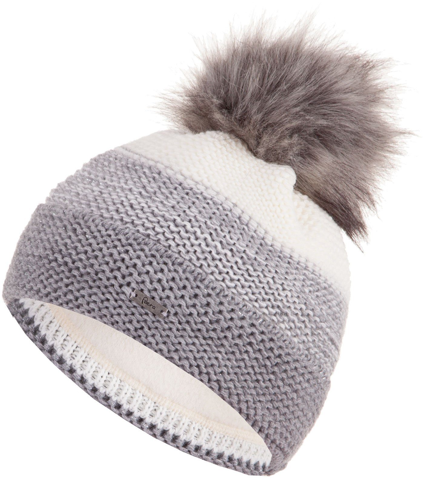 Faera Bommelmütze Wintermütze Damen Winter Mütze Beanie Haube gefüttert Strickmütze hellgrau