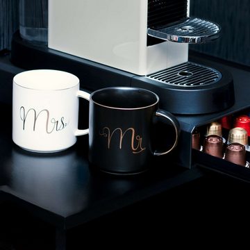 Intirilife Tasse, Porzellan, Kaffeetasse mit Goldrand und Aufschrift Mrs Mr 300 ml Teetasse Becher