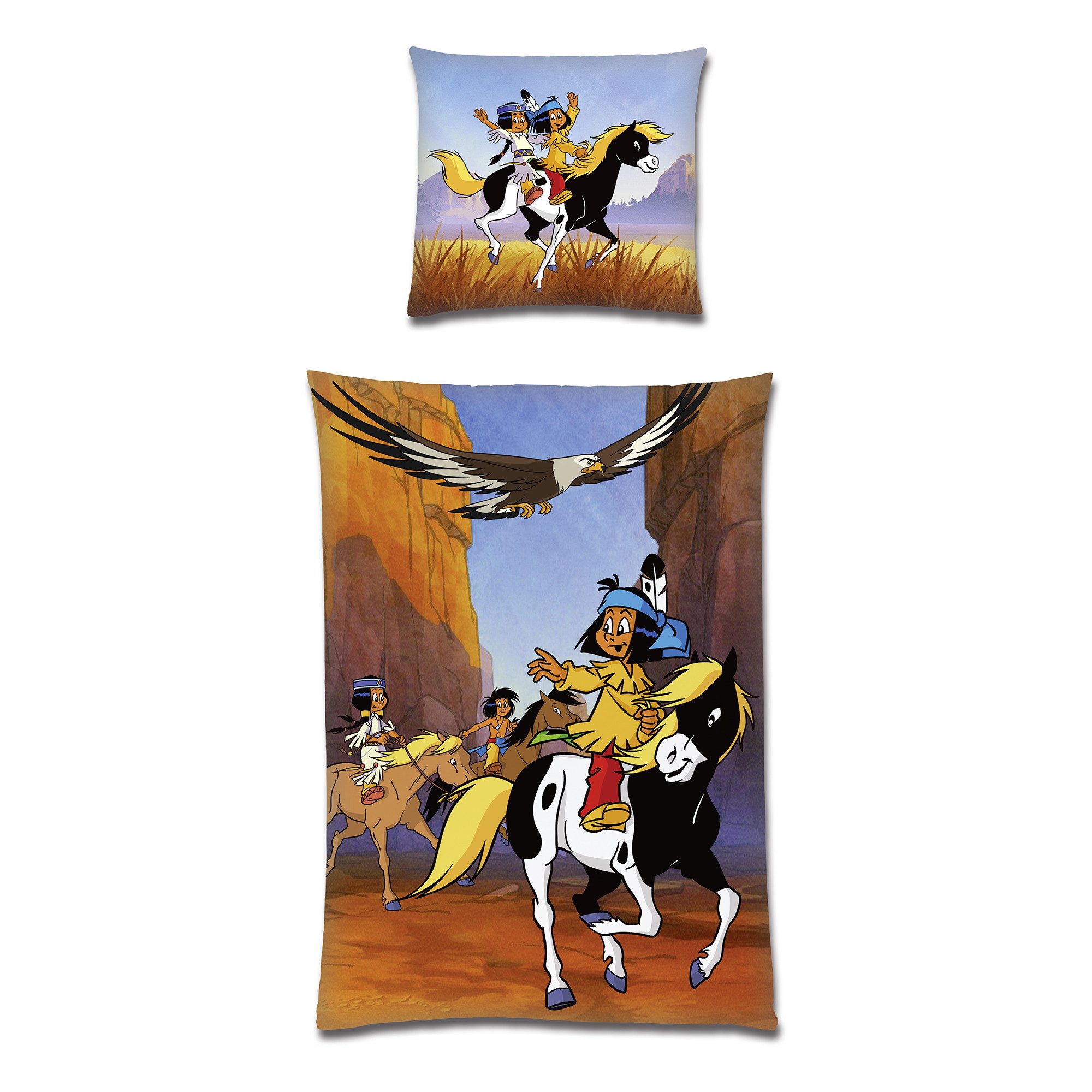 BERONAGE Kinderbettwäsche Yakari Lagerfeuer Bettwäsche Linon / Renforcé, 100% Baumwolle, 2 teilig, 135x200 + 80x80 cm