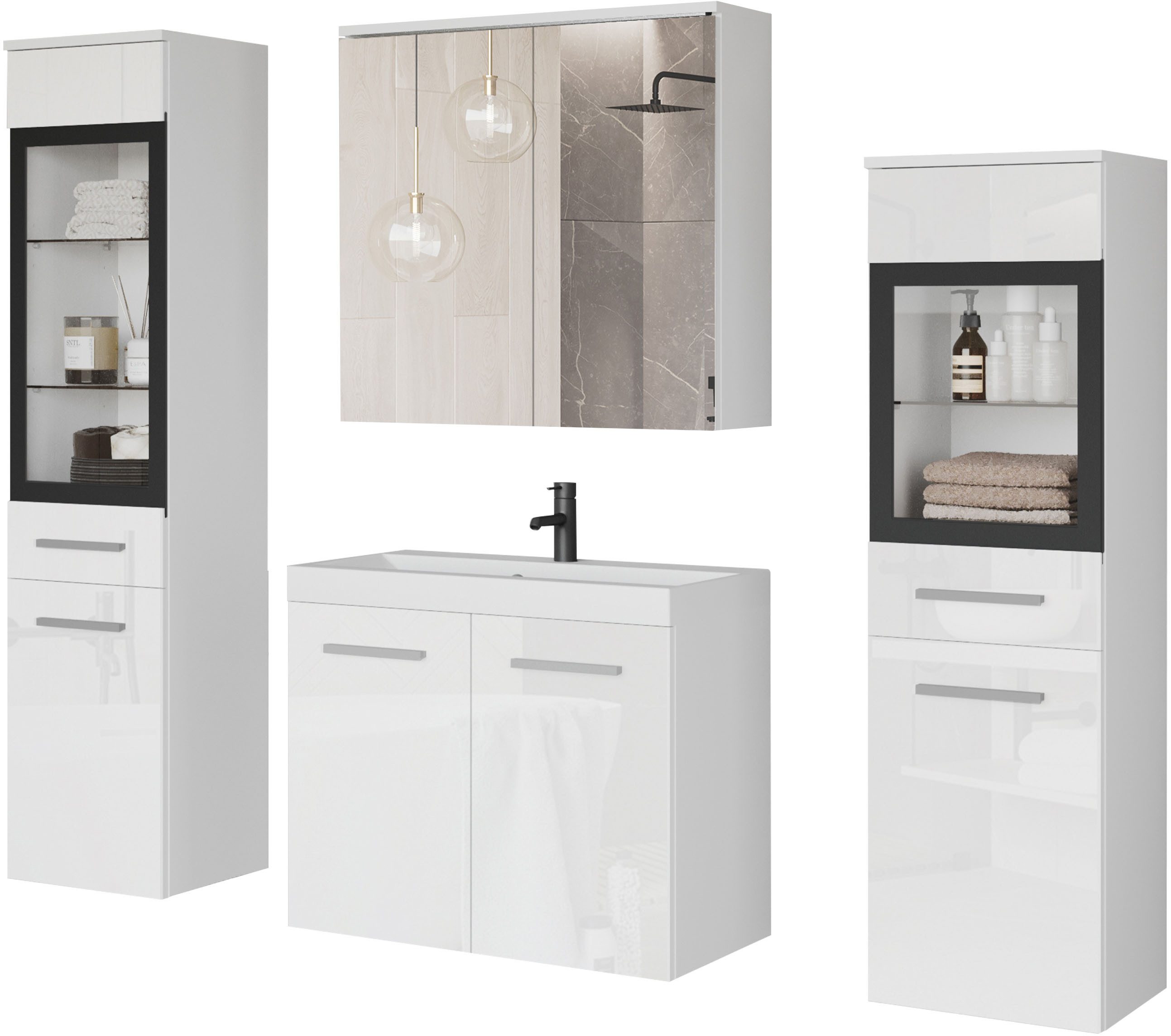 welltime Badmöbel-Set MADRIT II, Schrank mit Waschbecken, 2 Hänger, Spiegelschrank, (Komplett-Set, 5-St), Hängende Badmöbel mit Glaseinsätzen – in vielen Farben erhältlich