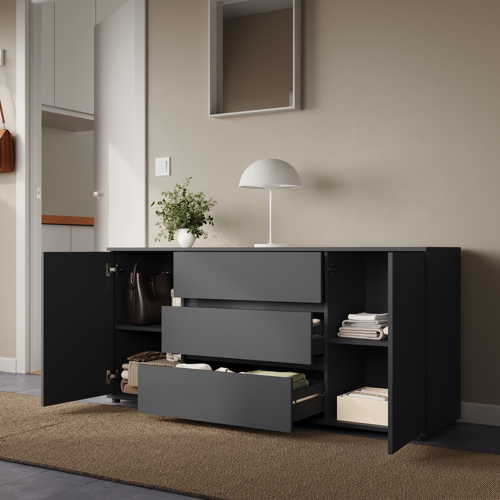 Home Collective Kommode Sideboard Kommode mit Schubladen Sideboard Wohnzimmer Anrichte (Sideboard Wohnzimmer Flur Kommode, modernes, griffloses Design), mit 2 Türen und 3 Schubladen, 150 x 40 x 70 cm Anthrazit
