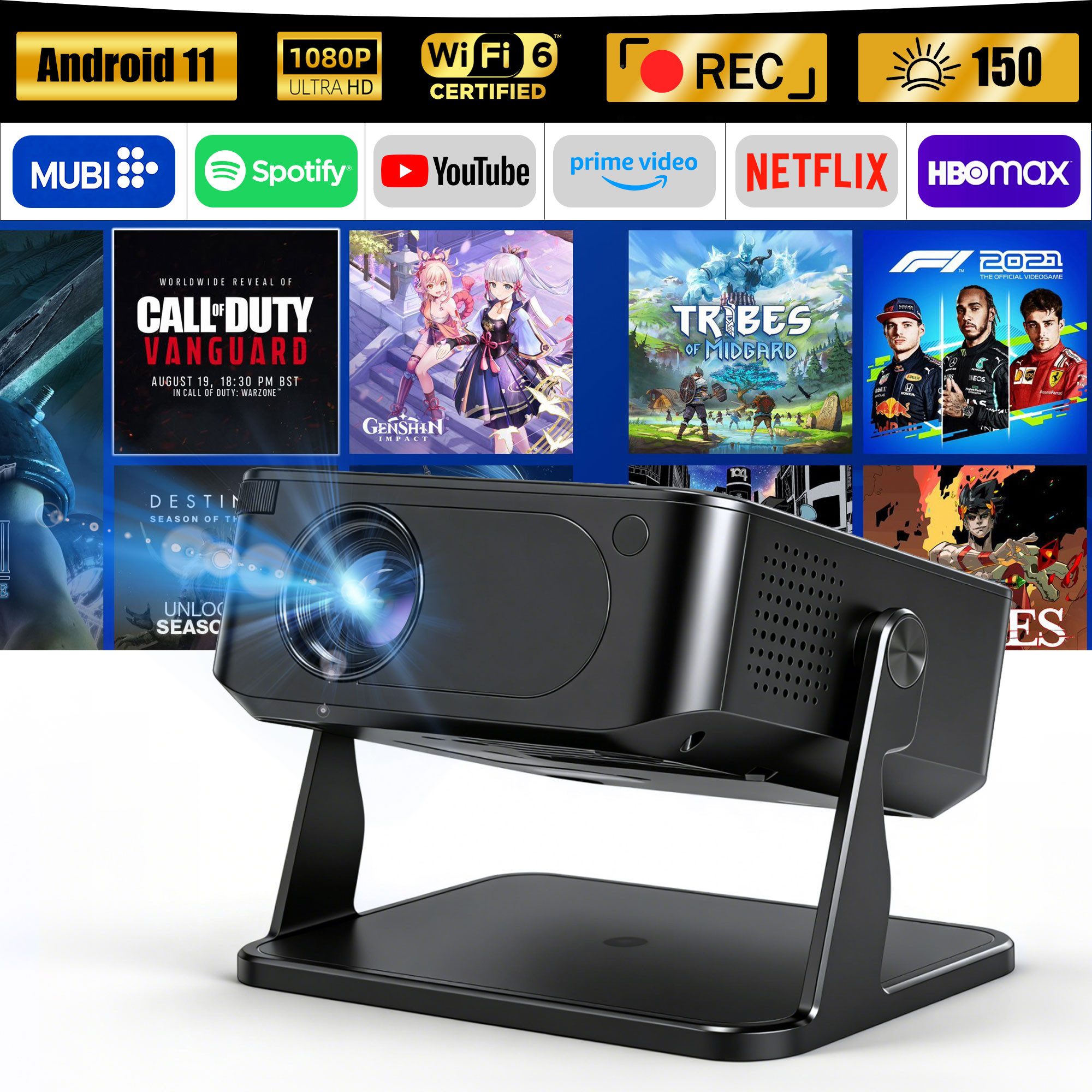 OYLCDI Android Beamer WiFi6 & BT 5.0 Portabler Projektor Mini Beamer LCD-Beamer (1280x720dpi px, interner Lautsprecher, Android 11.0 mit über 7.000 Apps)