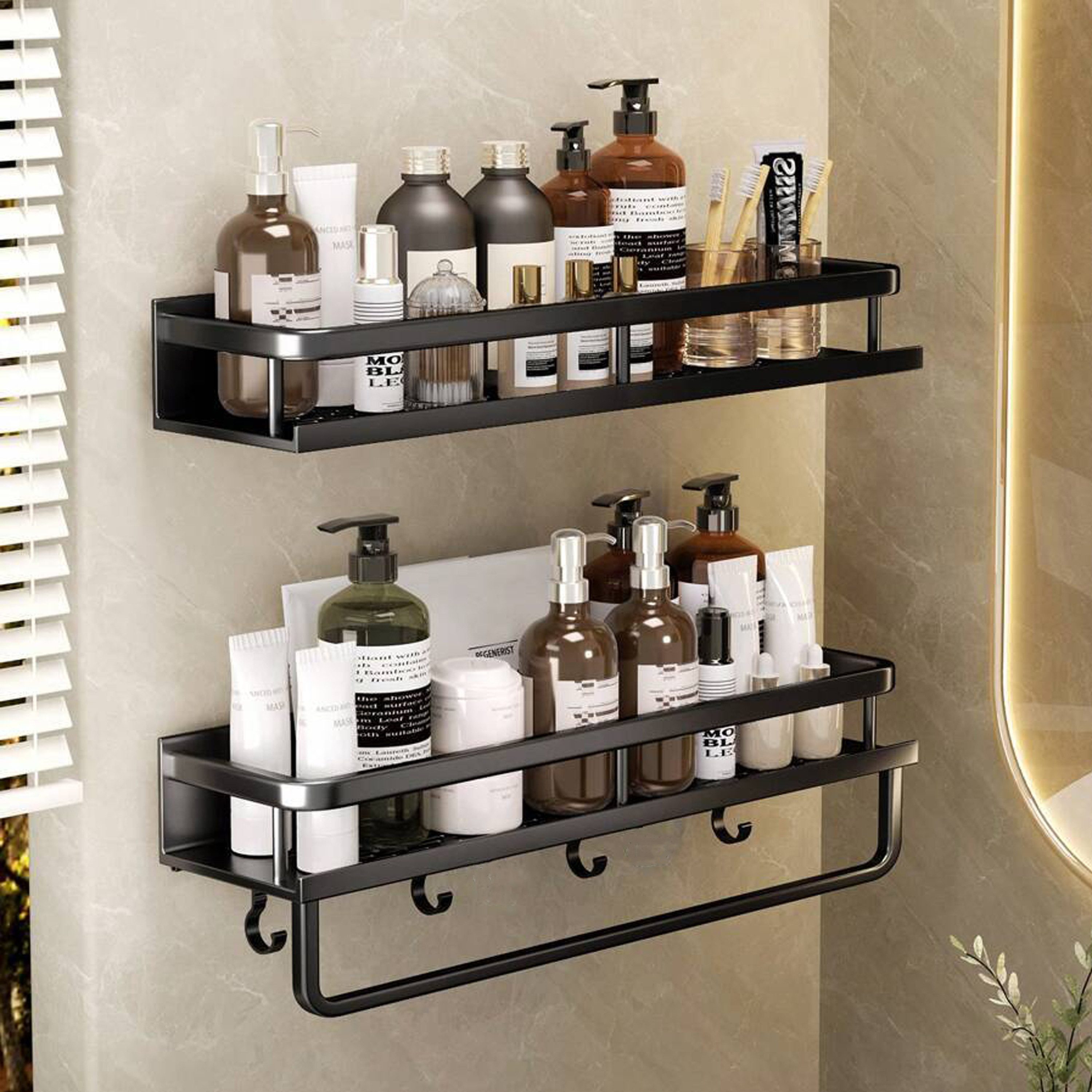 Forrlite Duschregal Duschablage ohne Bohren-2 Stück Duschkorb mit Handtuchhalter,4 Haken, Duschhalterung Badregal Duschgel Badezimmer Regal selbstklebendes, Shampoo Halterung für Badezimmer Organizer