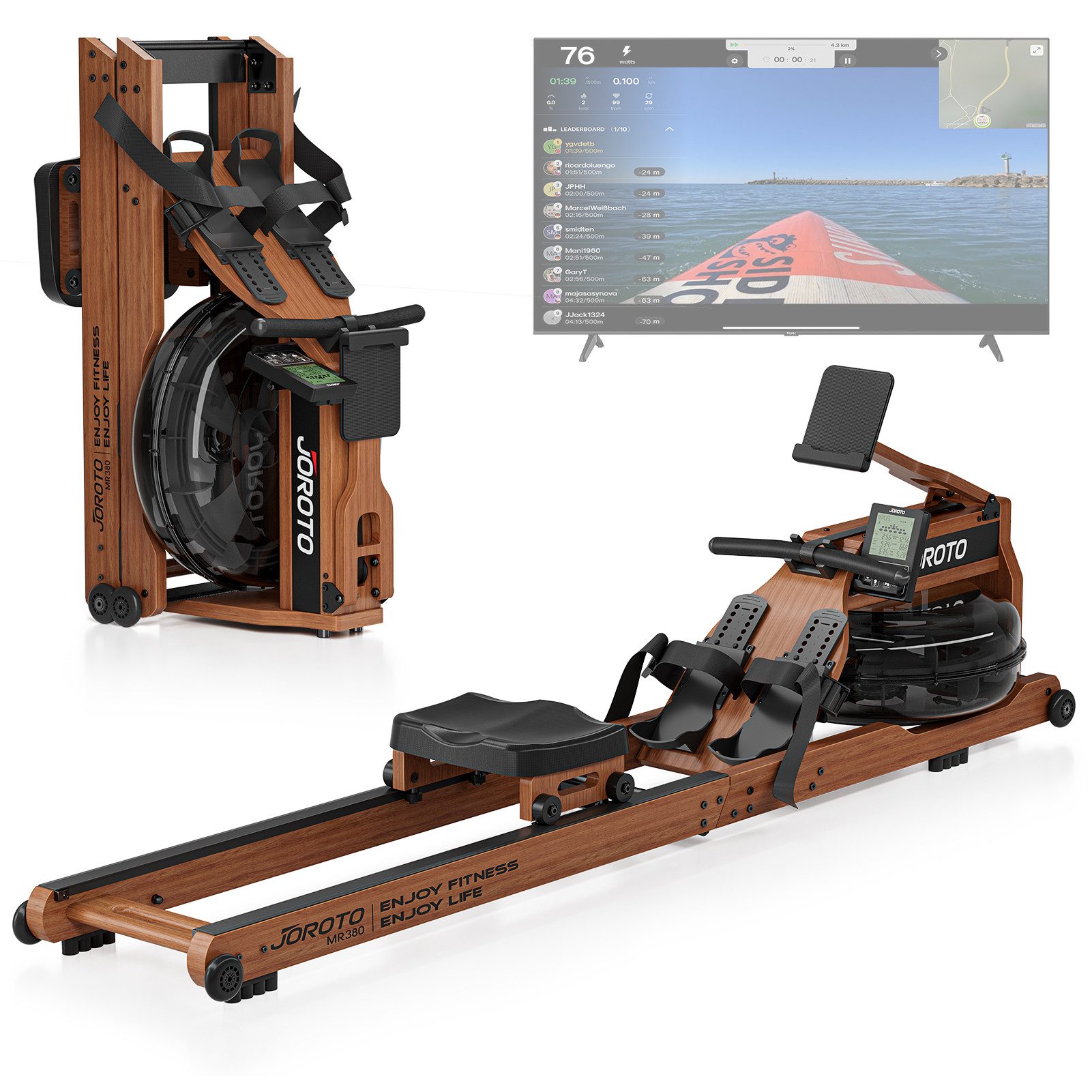 JOROTO Rudergerät für Zuhause Wasserrudergerät aus Holz, aus Eiche, Klappbares Rudergerät für zu Hause mit Bluetooth Display