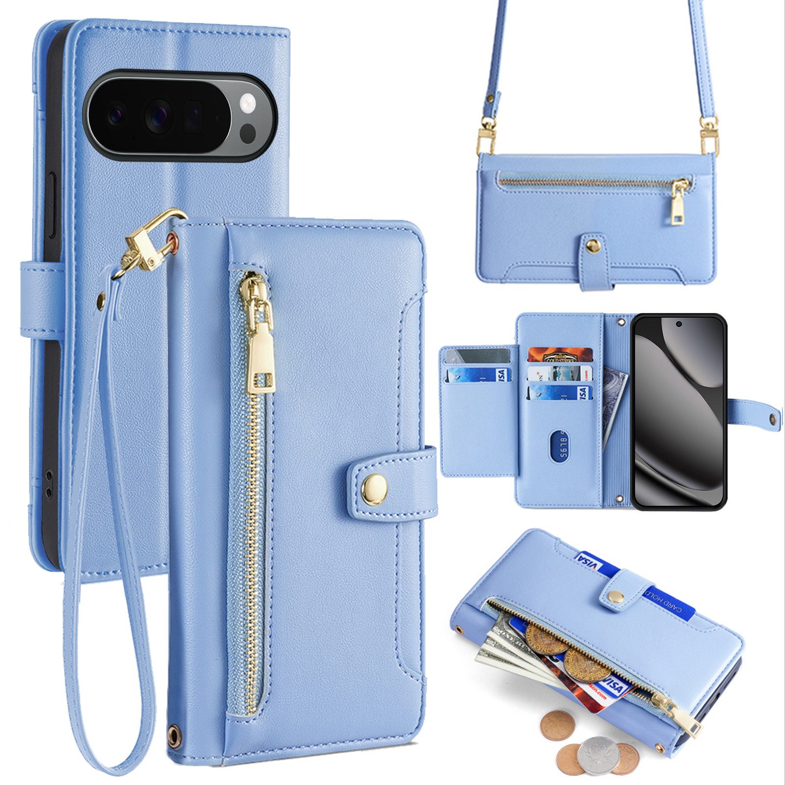 betterfon Handykette für Google Pixel 10 Pro XL Kartenfächer PU Leder Umhängetasche Blau, Hände frei - mit Silikonhülle & Schnur für flexiblen Alltag