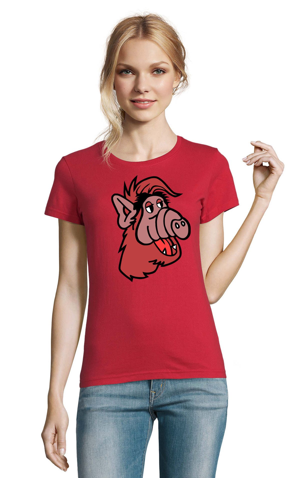 Blondie & Brownie T-Shirt Alf Damen T Shirt Cartoon Print Rundhals Baumwolle Freizeitmode (Einzelstück, Einzelartikel) Alf Damentshirt Cartoon Print Edition