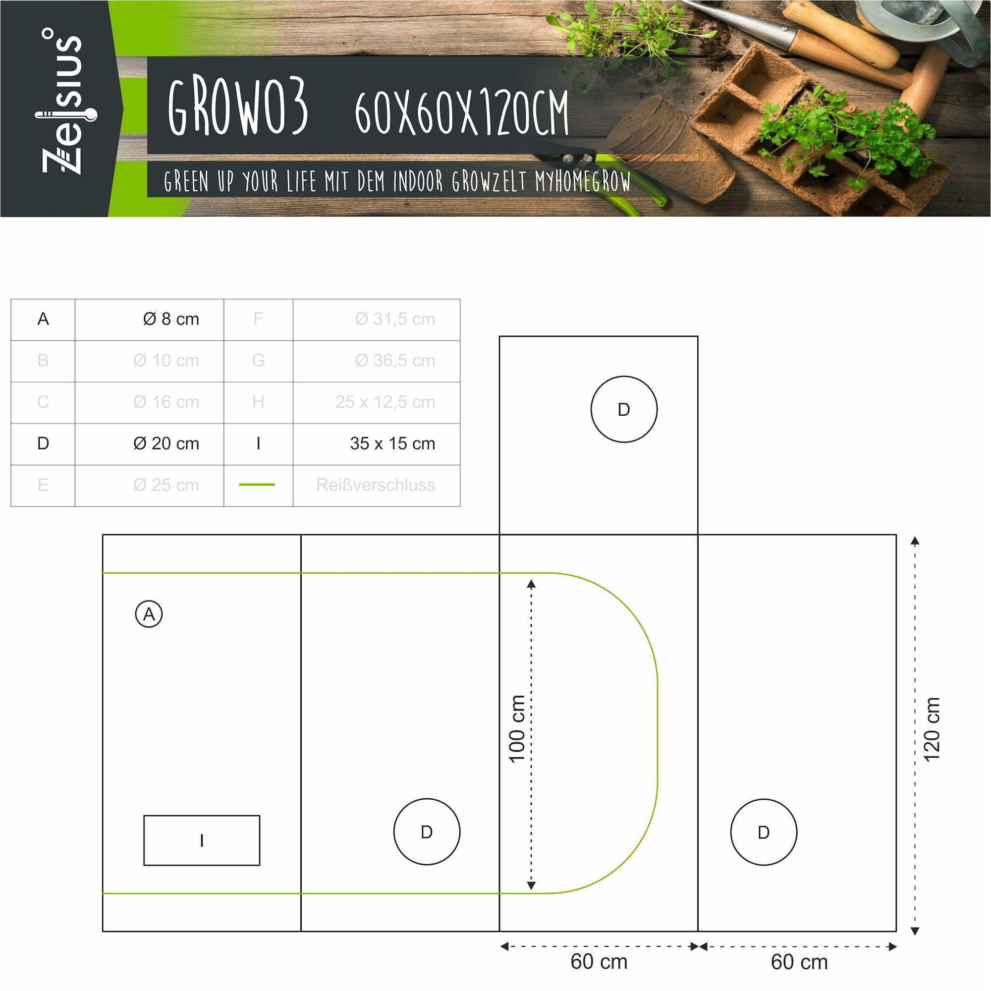 Zelsius Gewächshaus Grow Tent 60 x 60 x 120 cm schwarz/grün Pflanzenzucht Indoor