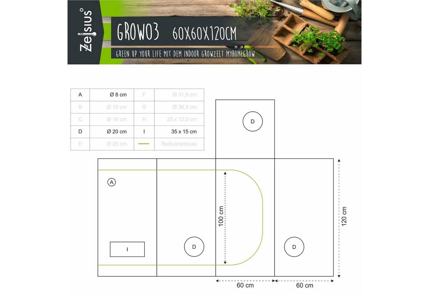 Thumbnail - Zelsius Gewächshaus Grow Tent 60 x 60 x 120 cm schwarz/grün Pflanzenzucht Indoor