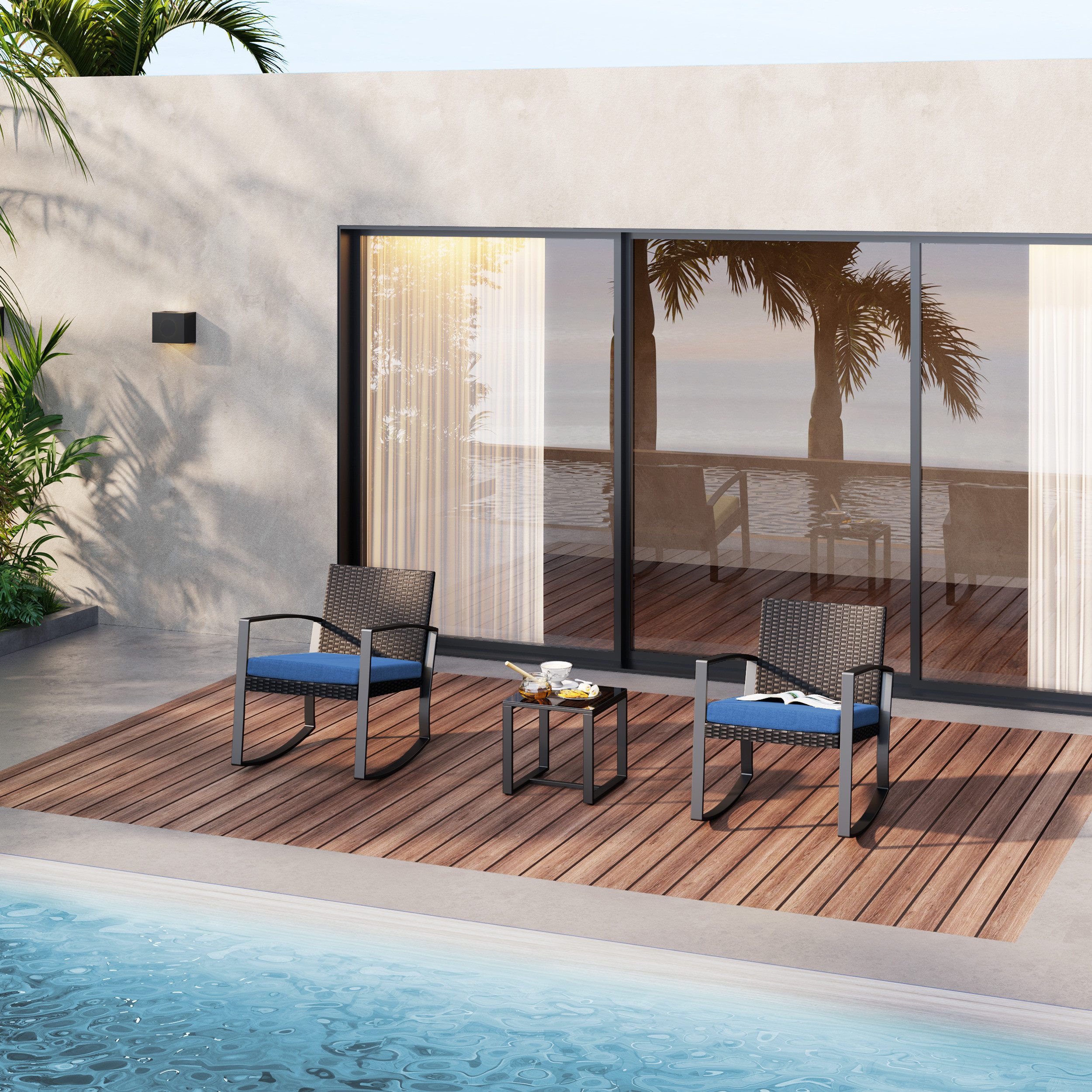 Bealife Balkonset Gartenlounge-Set, (3-tlg), 1 Tisch und 2 Stühle, Rattan Gartenmöbel, (Mit Schaukel-Funktion)