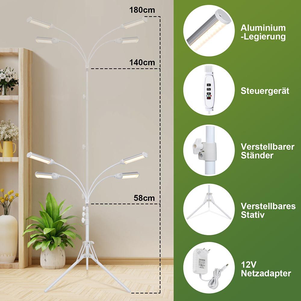 Jibenhome Pflanzenlampe LED Vollspektrum Dimmbare Grow Lampe mit 3/6/12H Auto Timer, 4-Kopf 32W Höhenverstellbar für Zimmerpflanzen