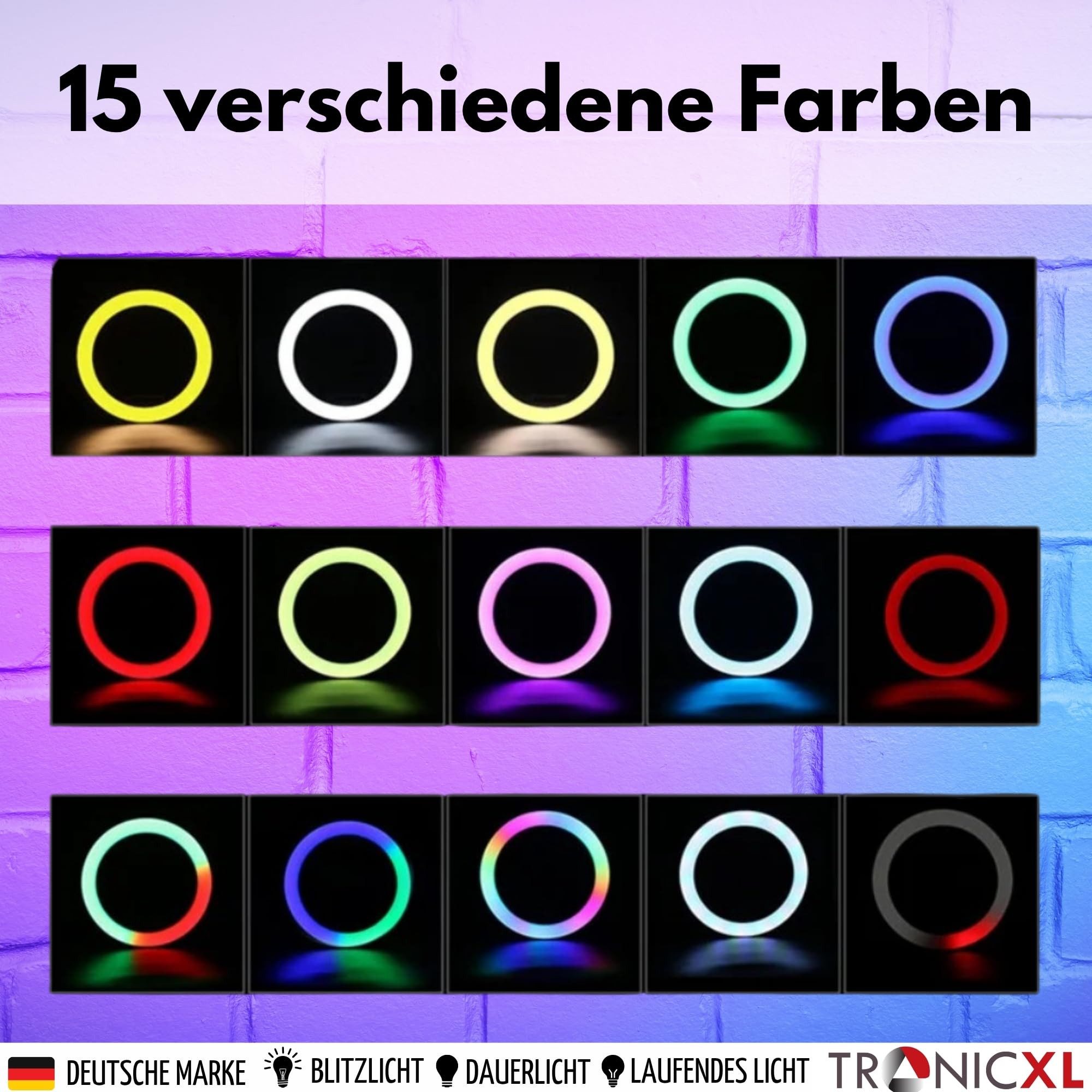 TronicXL Ringlicht Ringlicht mit Premium Stativ Selbstauslöser für iPhone Handy Halterung, RGB LED Bluetooth Smartphone Kamerastativ Tripod Ringleuchte