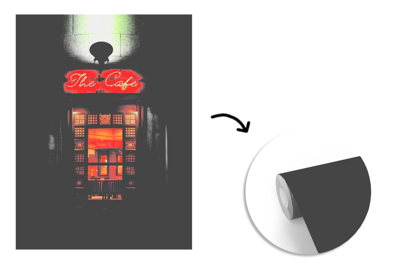 Fototapete Cafe Rot Wandtapete Neonlicht, Architektur bedruckt, MuchoWow St), für Vinyl - Tapete Tür - Montagefertig - - Wohnzimmer, (4 Matt,