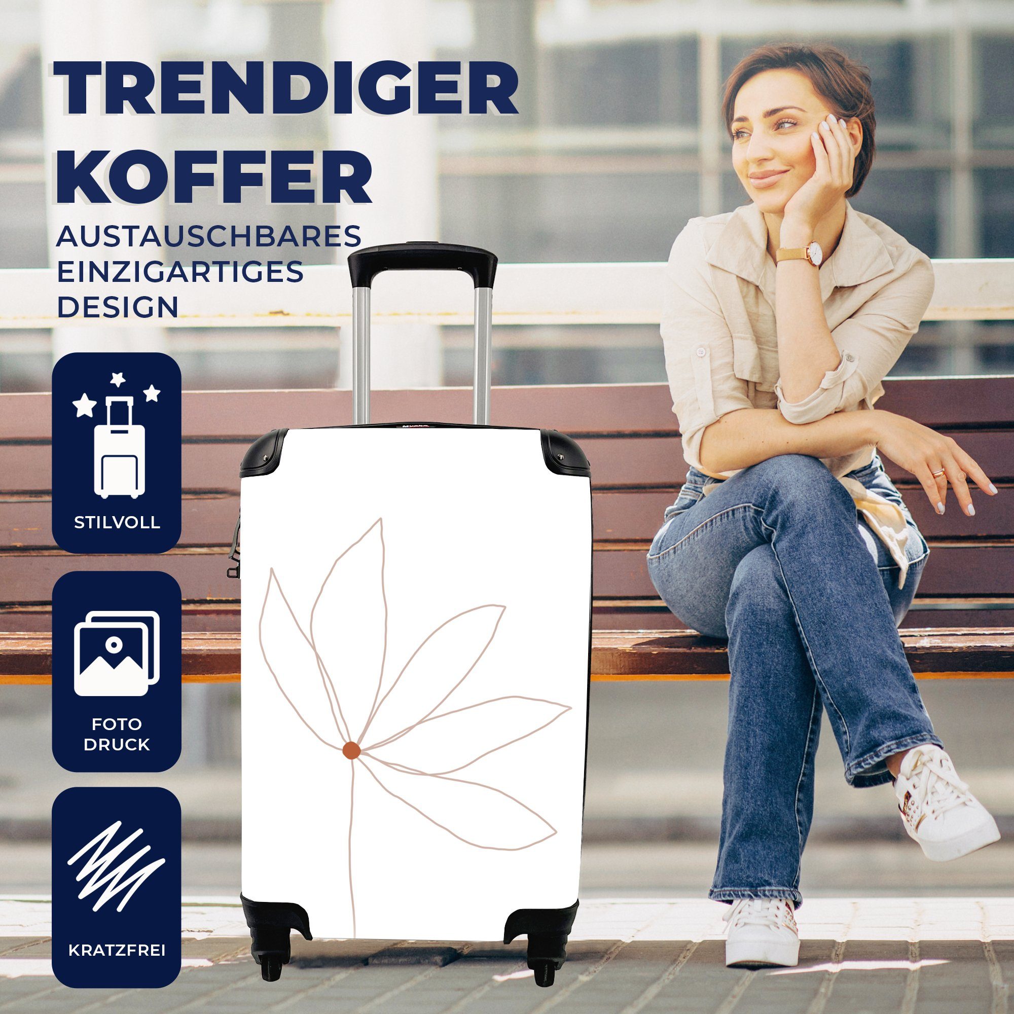 4 mit - Handgepäck für Reisekoffer Handgepäckkoffer MuchoWow Reisetasche Trolley, rollen, Ferien, - Rollen, Linienkunst, Minimalismus Blumen