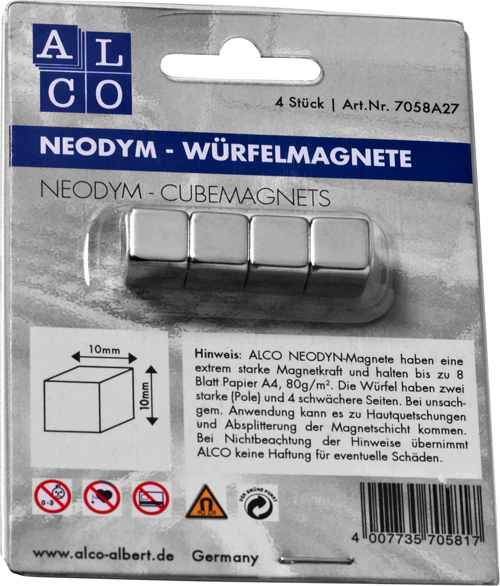 ALCO Magnet Würfelmagnet Neodym aus Neodym (Nd) 10x10x10mm silber VE=4 Stück