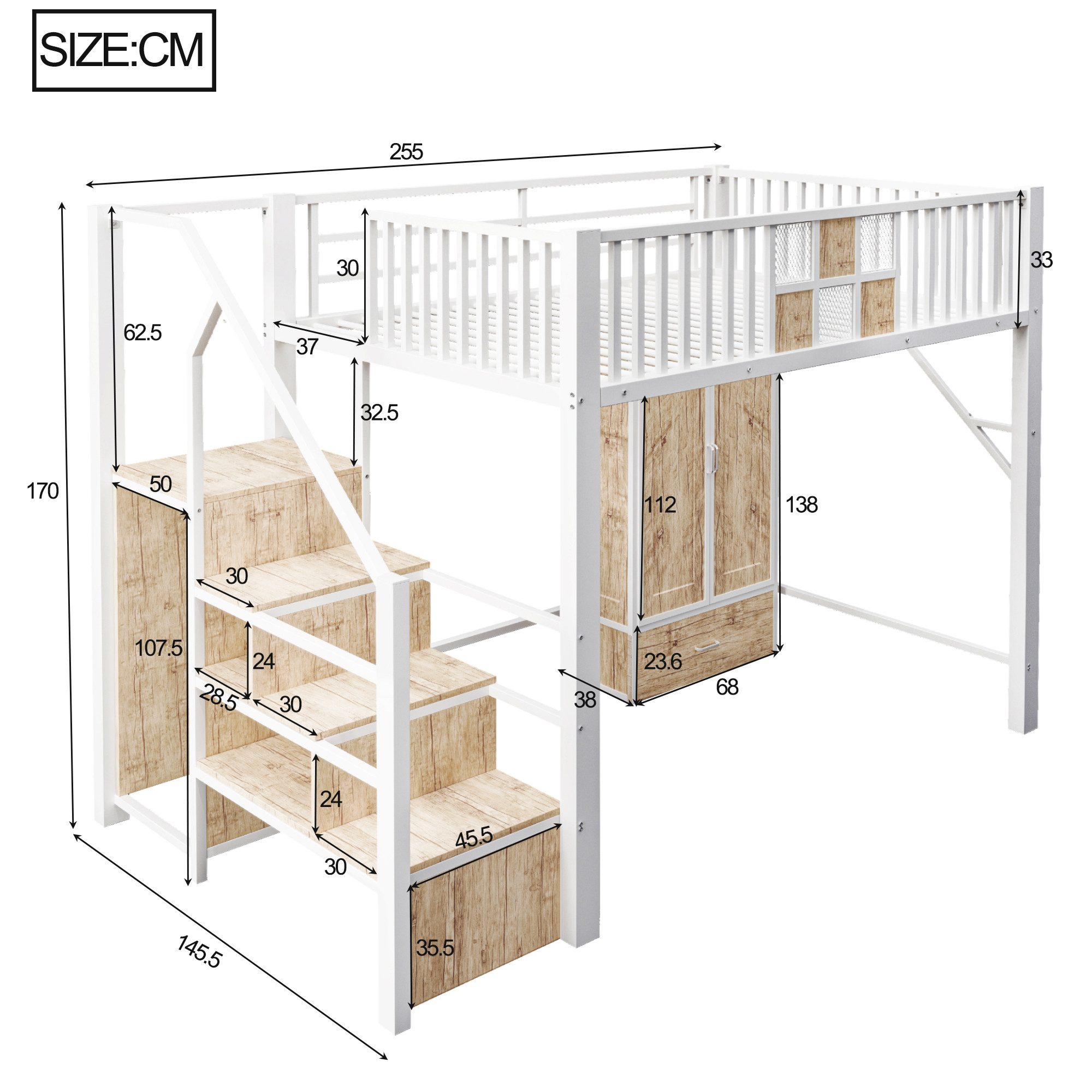 Celya Hochbett 140 × 200 cm Mit Markantem Geländerdesign Aus Holz und Metallgitter (ohne Matratze, mit Großem Kleiderschrank, Schubladen und Aufbewahrungsleiter) Geeignet für Schlafzimmer