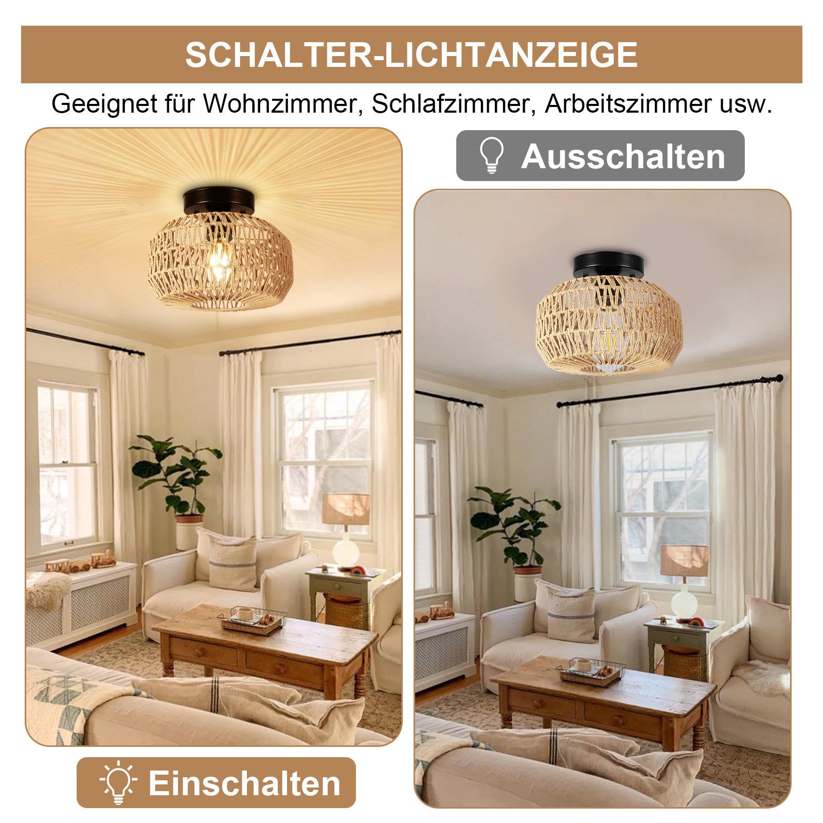 Jibenhome LED Deckenleuchte Boho Rattan Deckenleuchte Vintage Kronleuchter günstig online kaufen