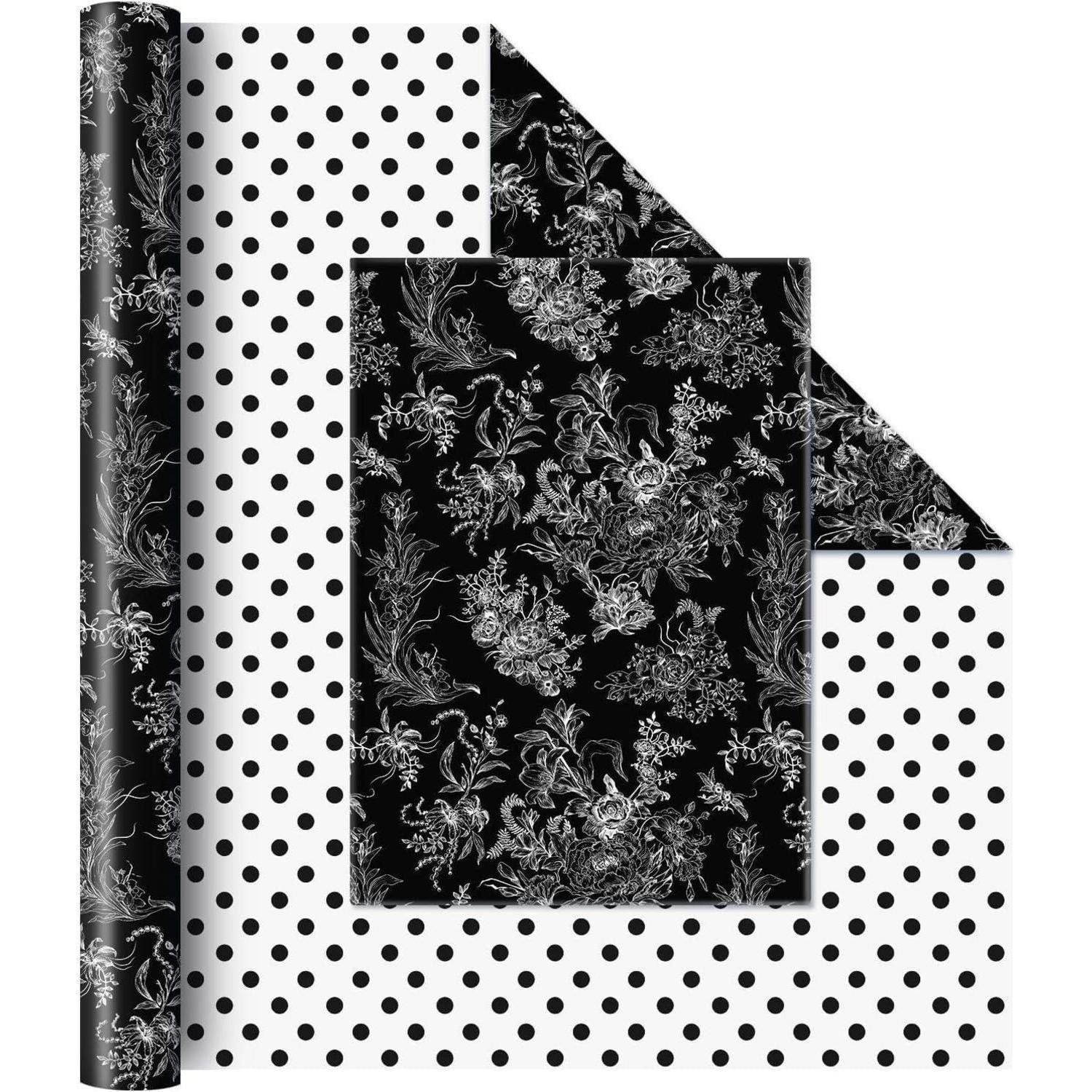 LuxusKollektion Geschenkpapier Geschenkpapier Blumenmuster Packpapier 43cm 10m Floral Weiß & Schwarz