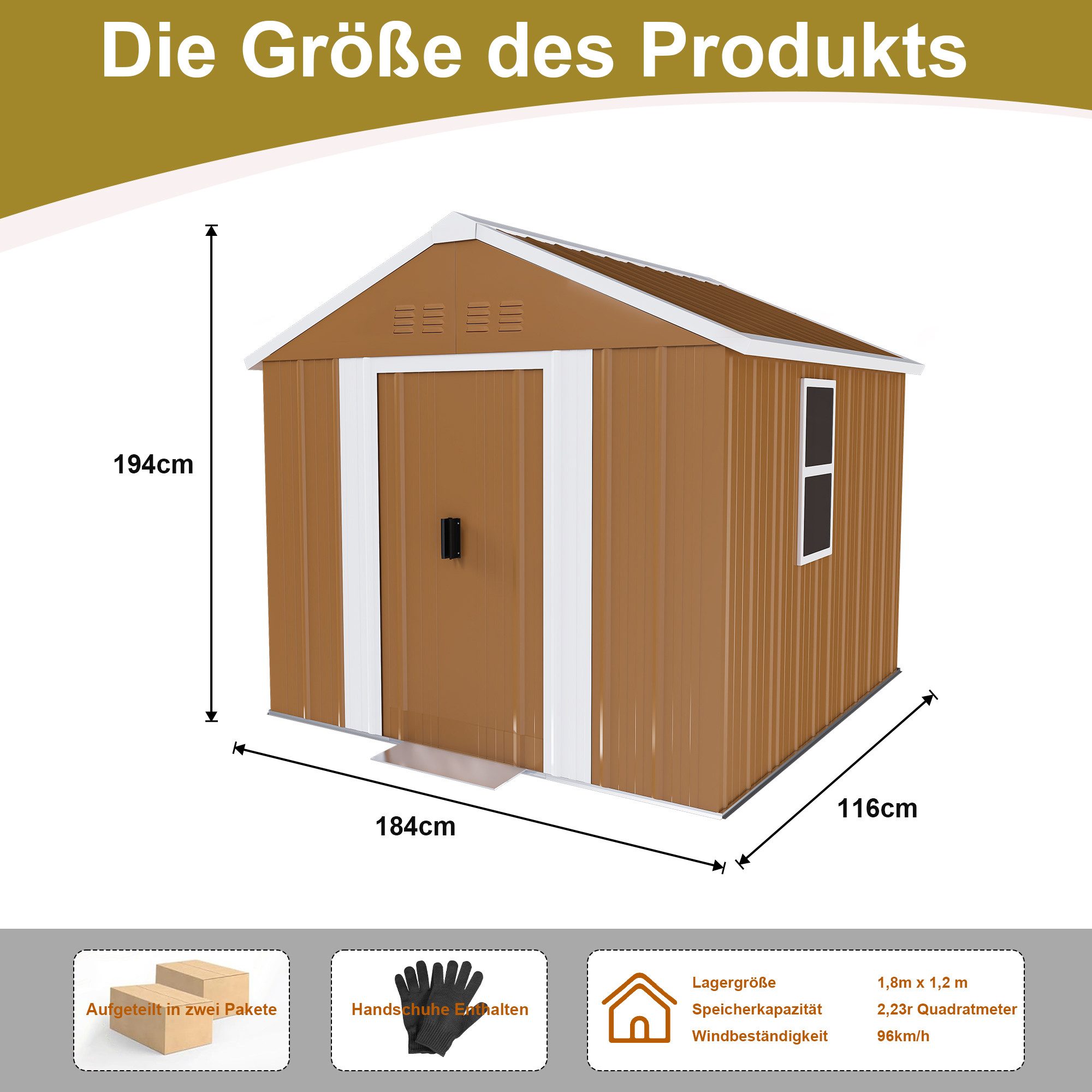 CHICFURN Gerätehaus Stahl-Gartenschuppen mit Fenstern, Belüftung und Tür, BxT: 184,00x116,00 cm, (Packung, 1 St), Ohne Boden, zur Lagerung im Garten, 184 x 116 cm