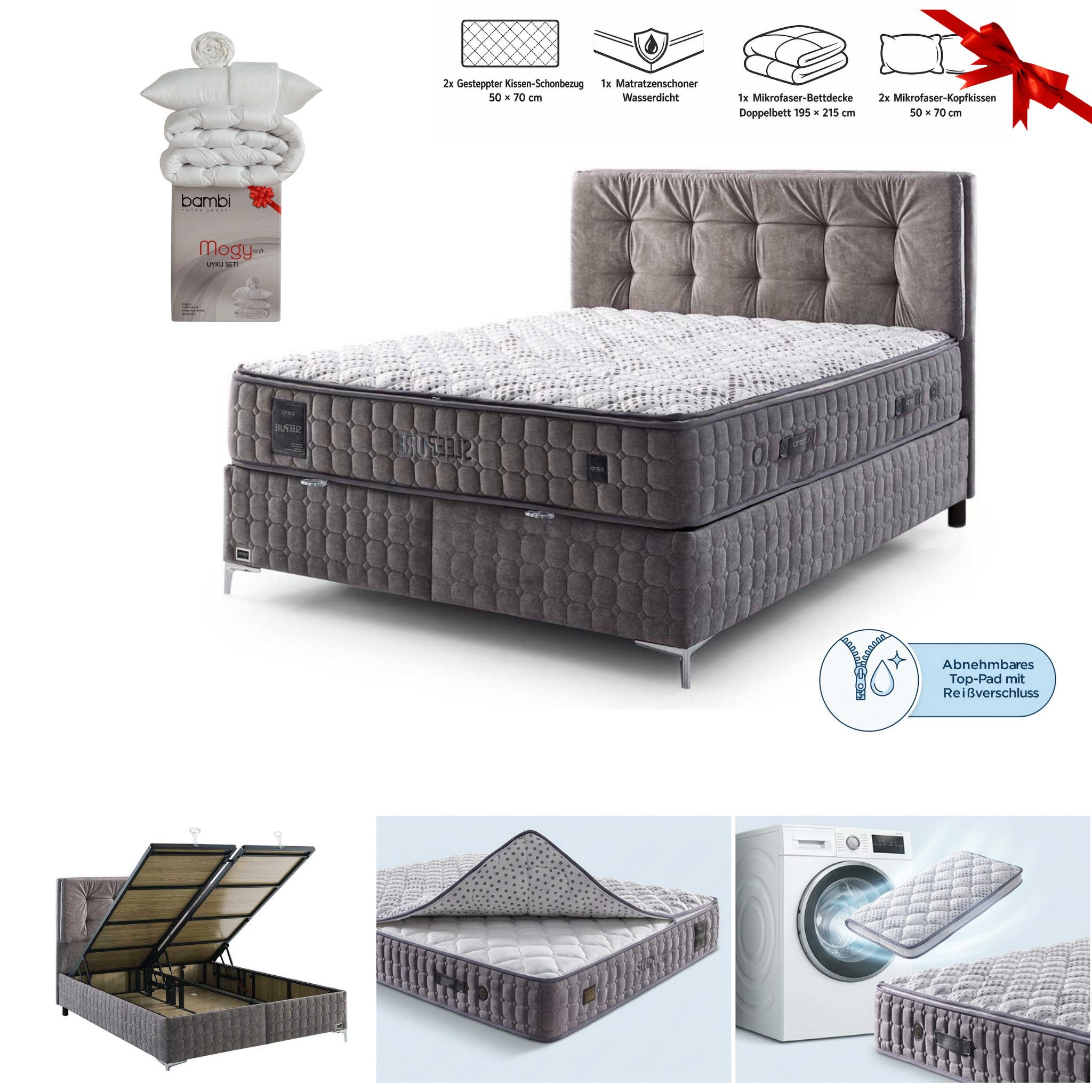 Bambi Stauraumbett mit Matratze Sleep Pure Bett Set Boxbett Stauraumbett Waschbar (Set, 2 Bettkästen, 1 Matratze, 1 Kopfteil (Nachttisch optional), Außenfläche mit Reißverschluss Waschbar