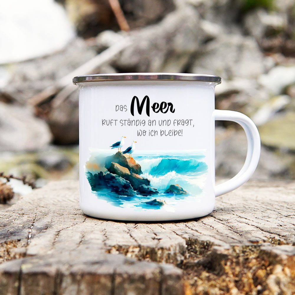 Cadouri Tasse DAS MEER RUFT Camping Emaille Tasse, Campingtasse, Metall, Campingbecher, Kaffeetasse für Camper, handgefertigt, Geschenk, 300 ml