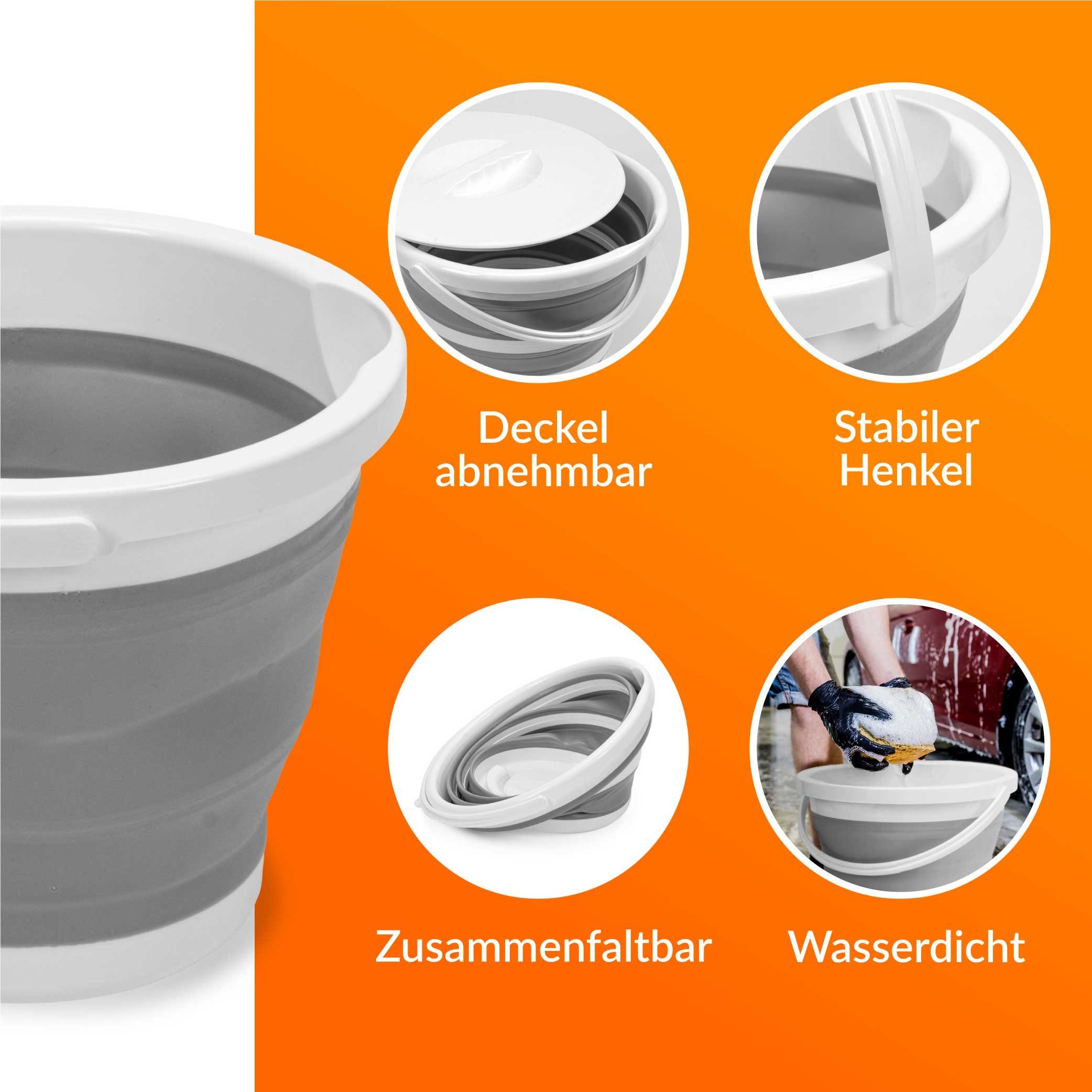 Falteimer Deckel & Henkel, Falteimer mit Silikon Wassereimer Klappbarer Liter und aus Upgrade4cars 5 Plastik Klein Weiß/Grau