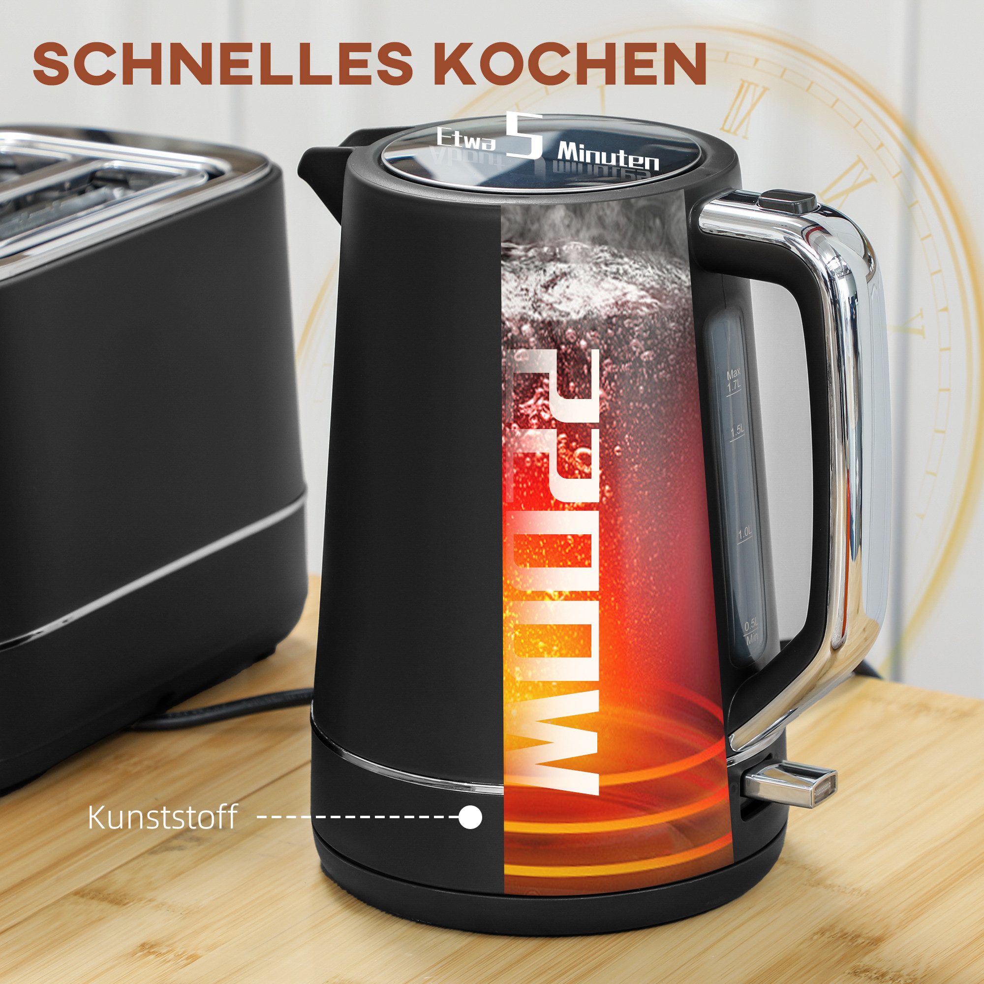 HOMCOM Toaster Wasserkocher Set 2200 W 1,7L Wasserkocher, 2 Scheiben Toaster, 2 Schlitze, für 2 Scheiben, 2200 W, Wasserkocher und Toaster mit 6 Bräunungsstufen – Bild 4 von 5