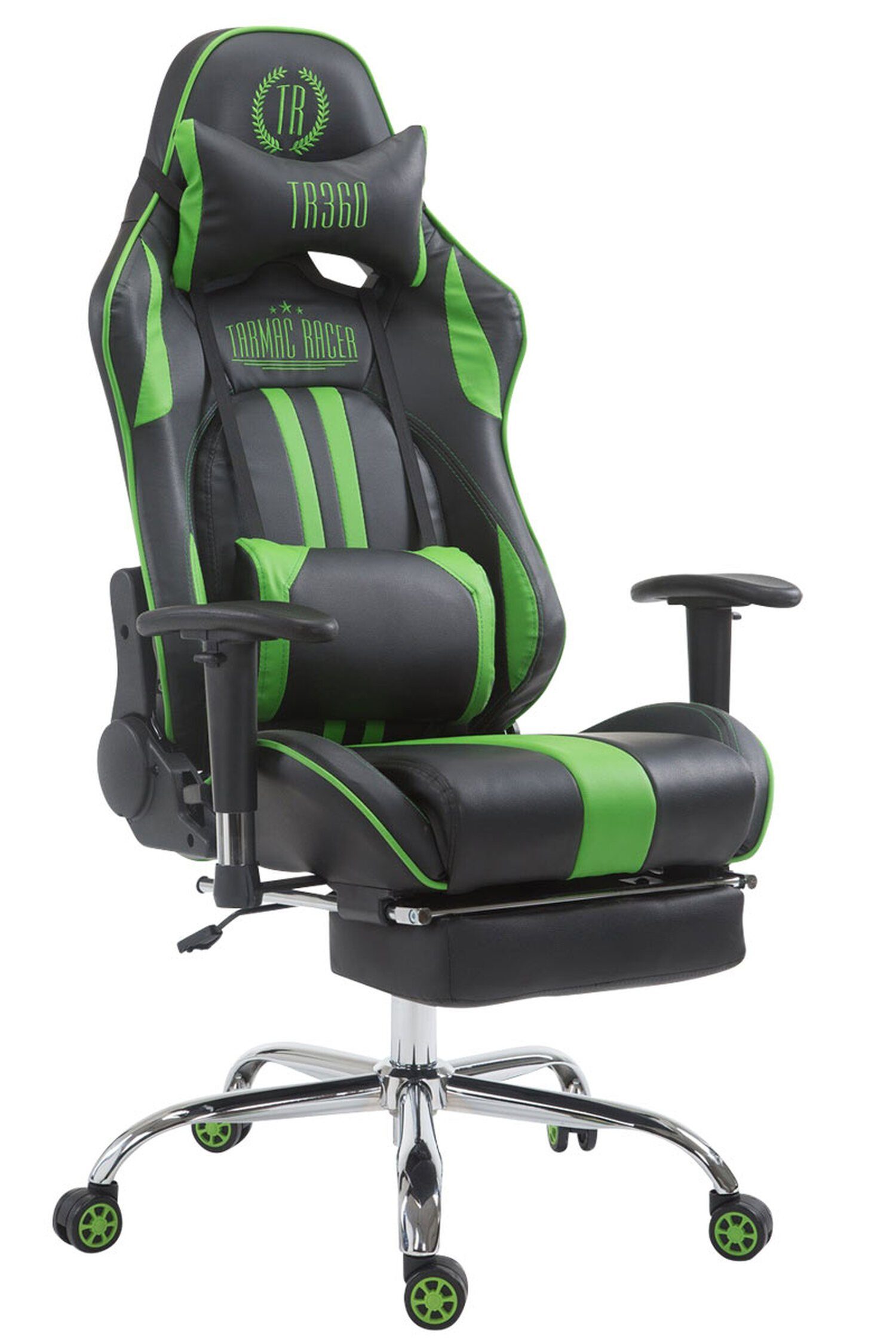 TPFLiving Gaming-Stuhl Limitless mit bequemer Rückenlehne - höhenverstellbar und 360° drehbar (Schreibtischstuhl, Drehstuhl, Gamingstuhl, Racingstuhl, Chefsessel), Gestell: Metall chrom - Sitzfläche: Kunstleder schwarz/grün