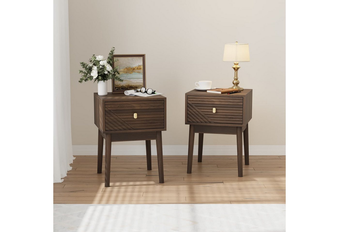 ANYSUN Nachttisch 2er Set mit Schublade,Metallgriff,Massivholzbeinen und Stauraum (Set, 2-St., Beistelltisch für Schlafzimmer,Wohnzimmer,40x40x55 cm), Nachtkommode in Holzoptik, Mid-Century Design mit Rillenfront,Walnuss