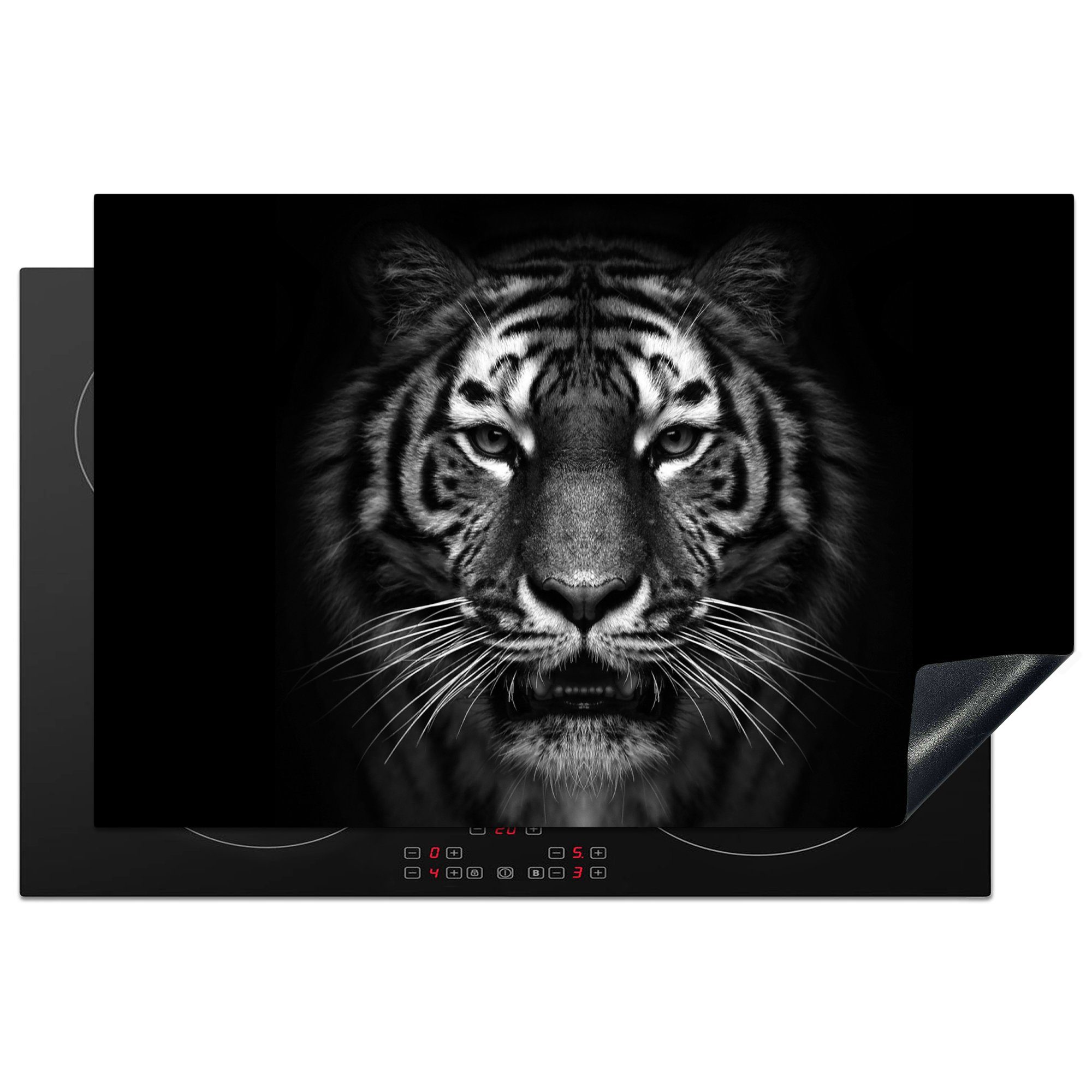 MuchoWow Herdblende-/Abdeckplatte Tiger - Tiere - Schwarz - Weiß - Porträt - Wild, Vinyl, (1 tlg), 81x52 cm, Ceranfeldabdeckung, Arbeitsplatte für küche