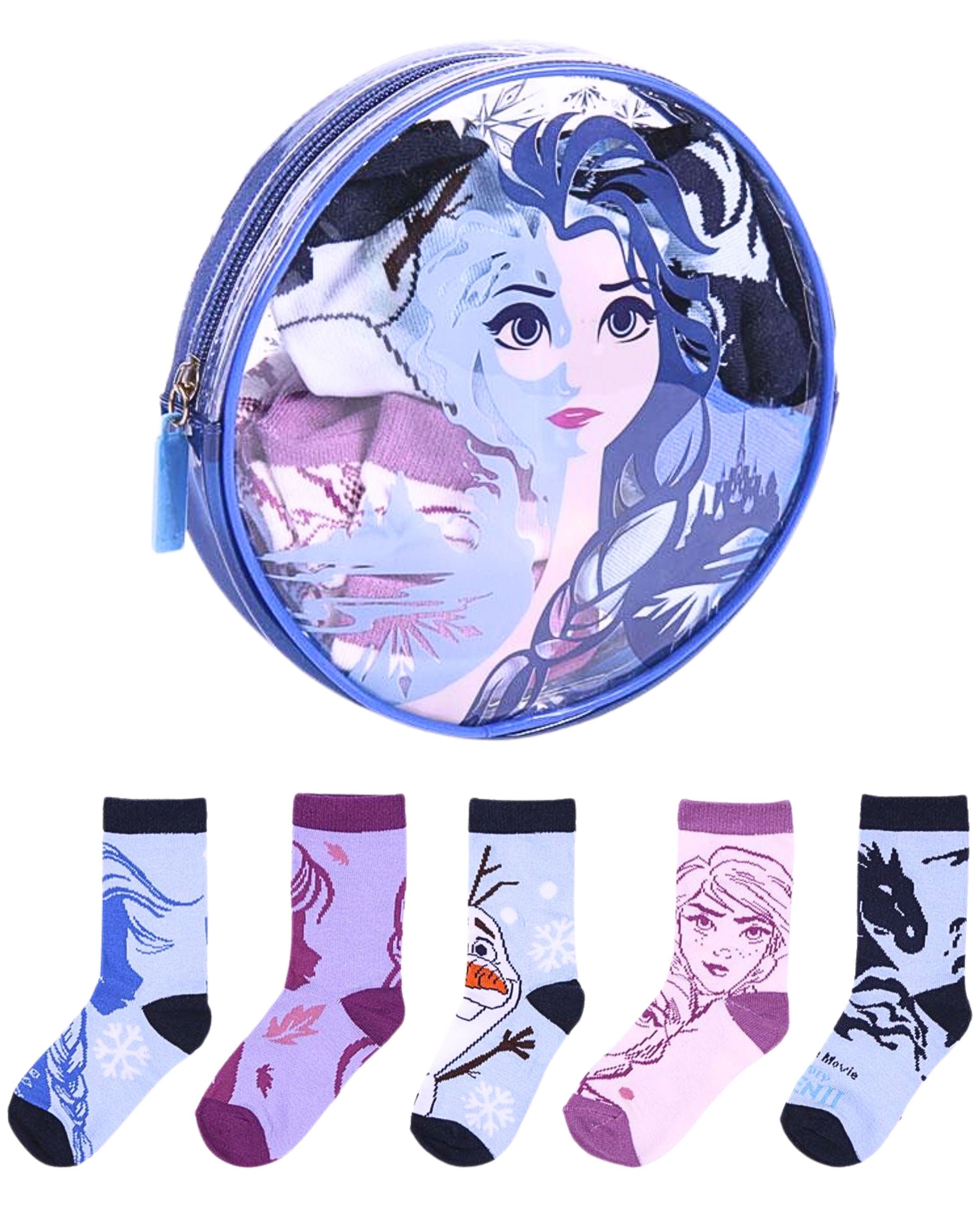 Disney Frozen Socken Elsa & Anna (5-Paar) Mädchen Strümpfe Set im Kulturbeutel Gr.19-30 | Wintersocken