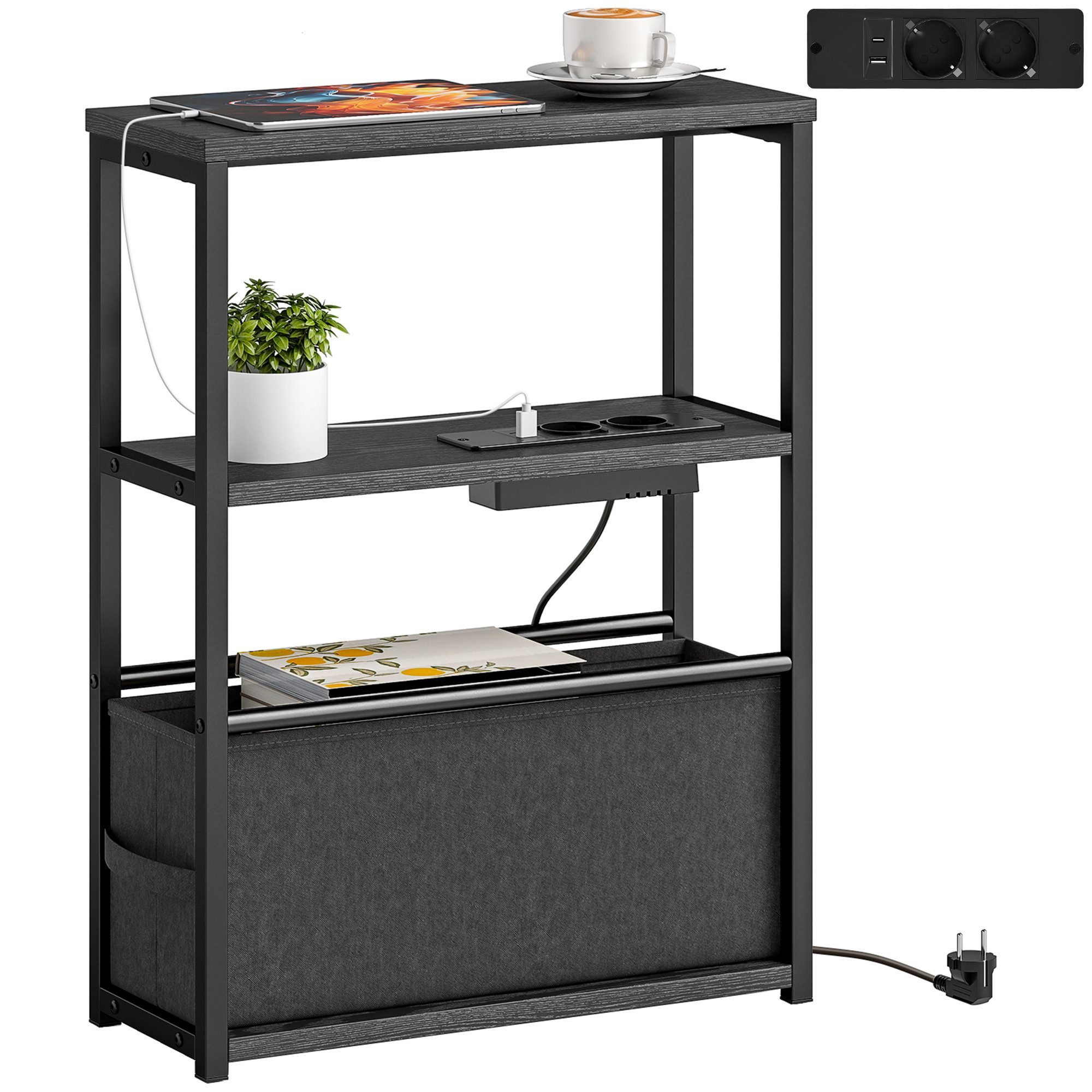 HOMCOM Beistelltisch Nachttisch mit 2 Ablage, Steckdosenleiste USB & Type-C (Kaffeetisch, 1-St., Sofatisch), für Kleine Räume, 45 x 18 x 60,2 cm, Schwarz