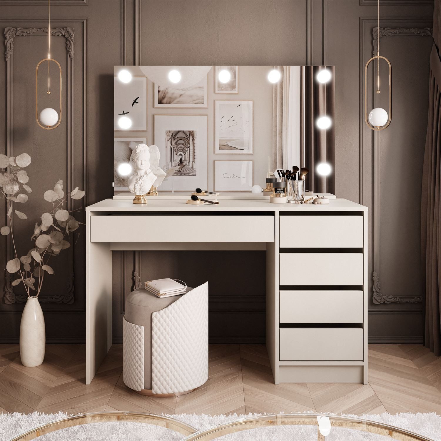 yourhouse24 Schminktisch MADI ELITE Frisiertisch Kommode mit LED-Beleuchtung Spiegel, Schublade (Tisch mit Spiegel, ohne Hocker), Hochglanz/matt, pflegeleicht, ABS-Kanten