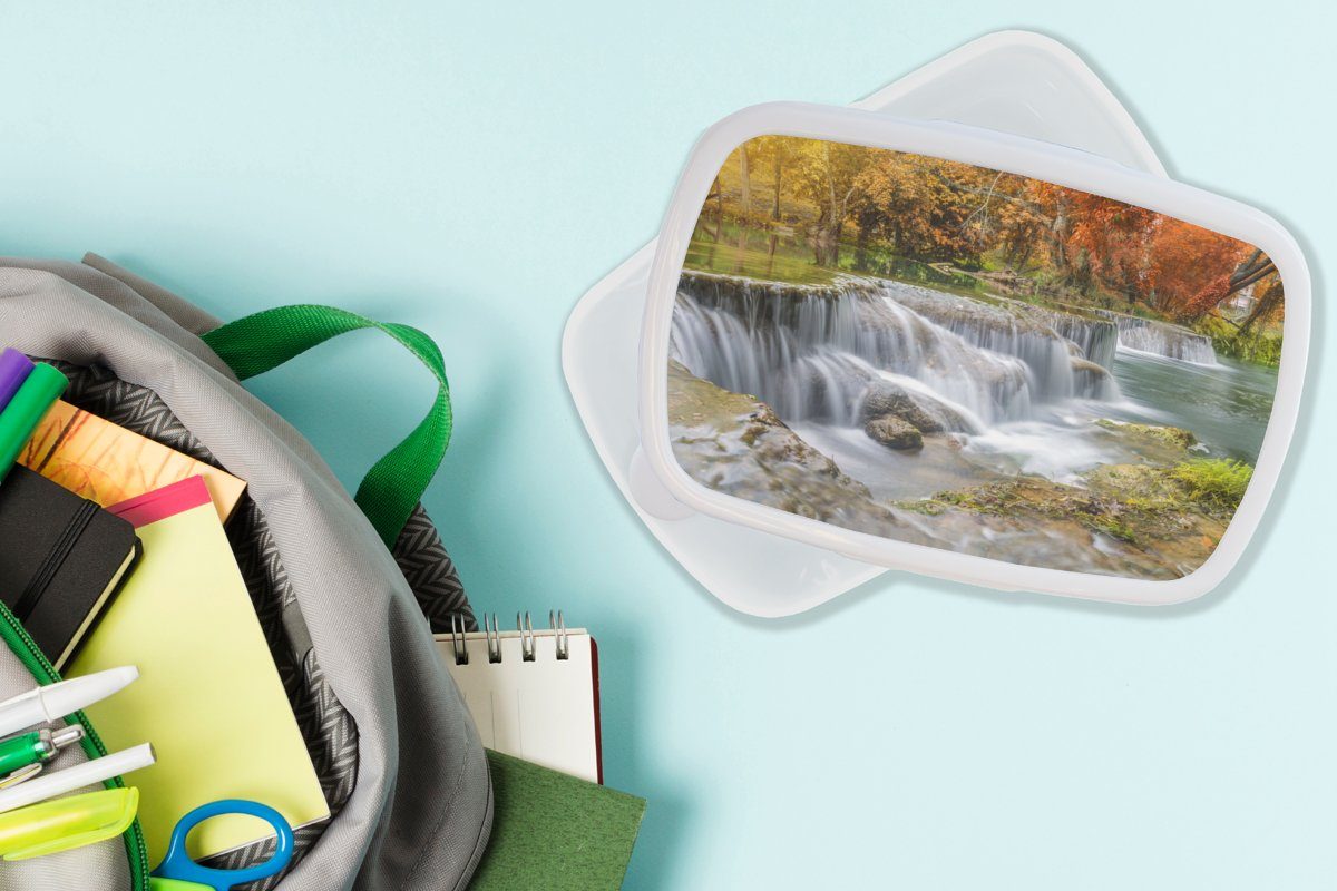 - Kunststoff, - Erwachsene, - (2-tlg), Brotdose, und für für Wasserfall MuchoWow Herbst Bäume, Mädchen Jungs Natur und Brotbox weiß Kinder Lunchbox