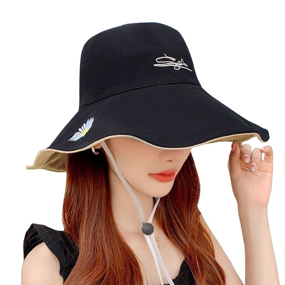 Zaewry Sonnenhut Damen Sommerhut Sonnenhut mit beidseitigem UV-Schutz Fischerhut mit gestickten Gänseblümchenmotiven