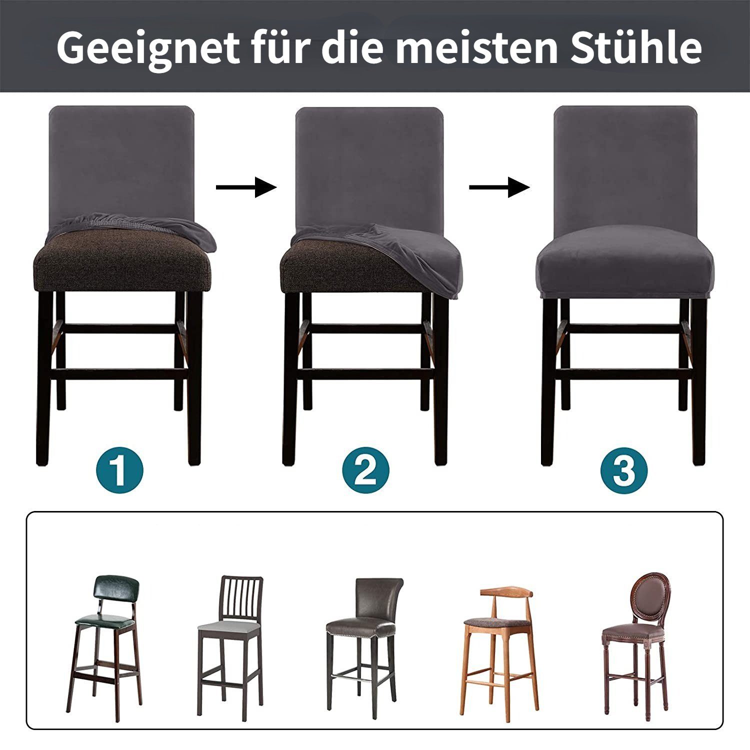 Samt-Stretch-Barhocker-Stuhlbezüge HOMEIDEAS, Grau Stuhlhusse,