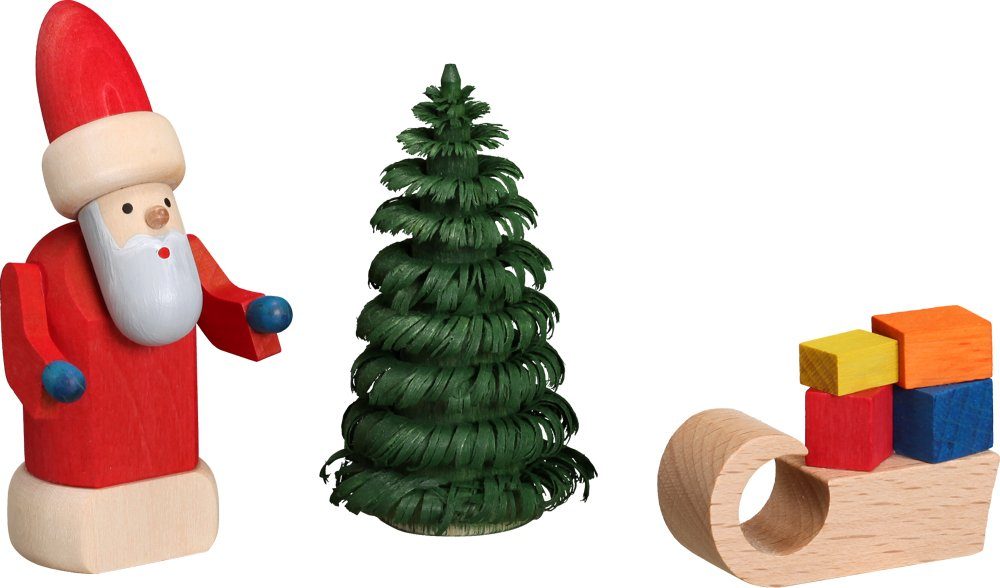 Seiffener Volkskunst Weihnachtsfigur Miniatur Weihnachtsmann mit Schlitten Höhe = 8cm NEU, mit kleinen Geschenken und Bäumchen