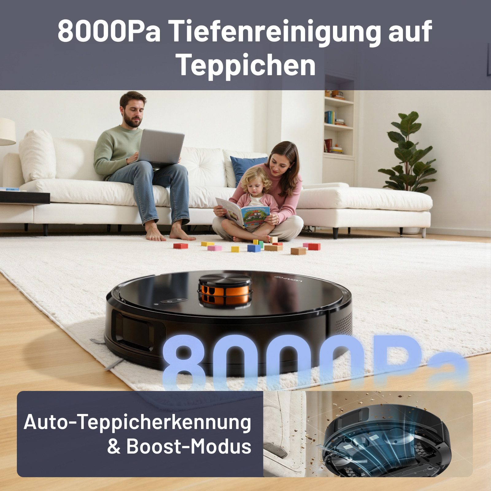 VONKO Saugroboter mit Wischfunktion S6 Pro, 8000Pa Saugkraft, LiDAR-Navigation, 50 W, Selbstentleerung, 4-in-1 Reinigung, 180 Min Laufzeit, APP-Bedienbar