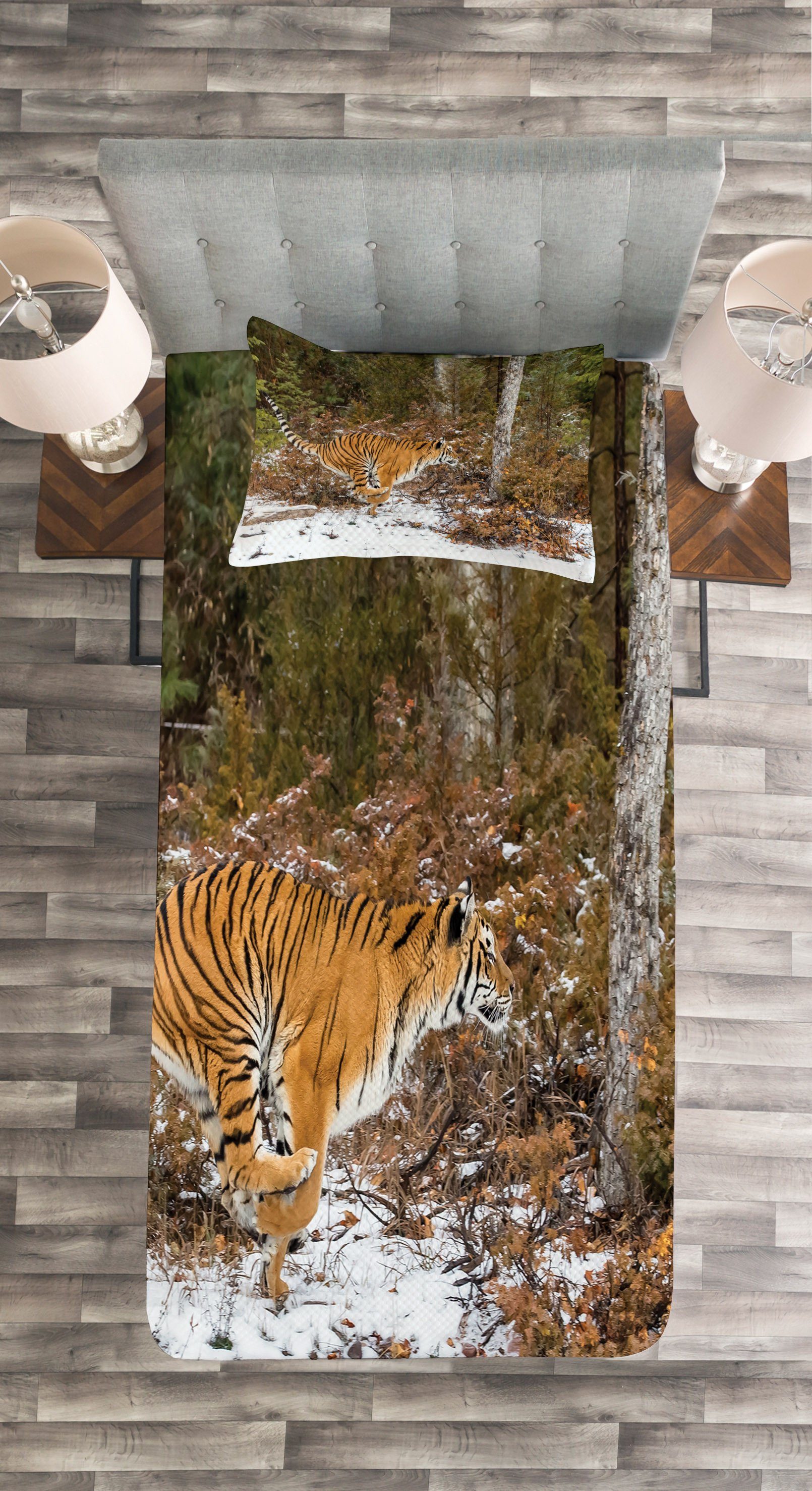 Tagesdecke Set mit Waschbar, Bengal-Tiger-wildes Safari Abakuhaus, Tier Kissenbezügen