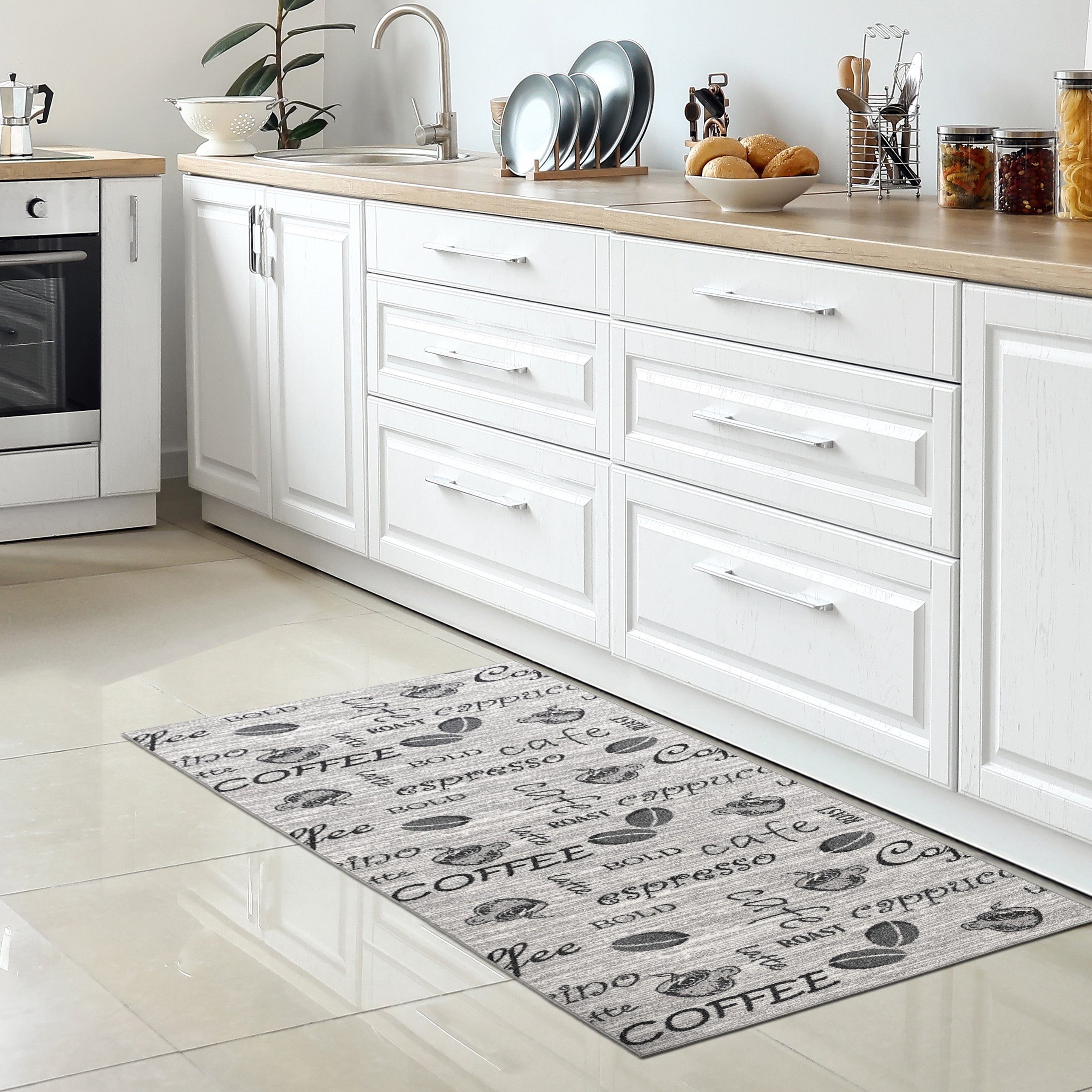 Teppich Kaffee Küchenläufer grau Schriftzug 5 in rechteckig, Höhe: Gelrücken mit mm Carpetia, und schwarz