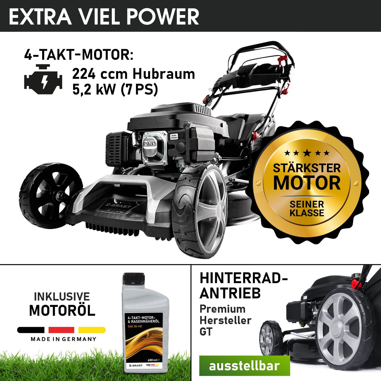 BRAST Benzinrasenmäher mit Antrieb 5,2kW (7PS)  inkl. Motoröl, TÜV, 55 cm Schnittbreite, 60L Fangkorb, 4 Takt OHV Motor, Stahlgehäuse, ESTART