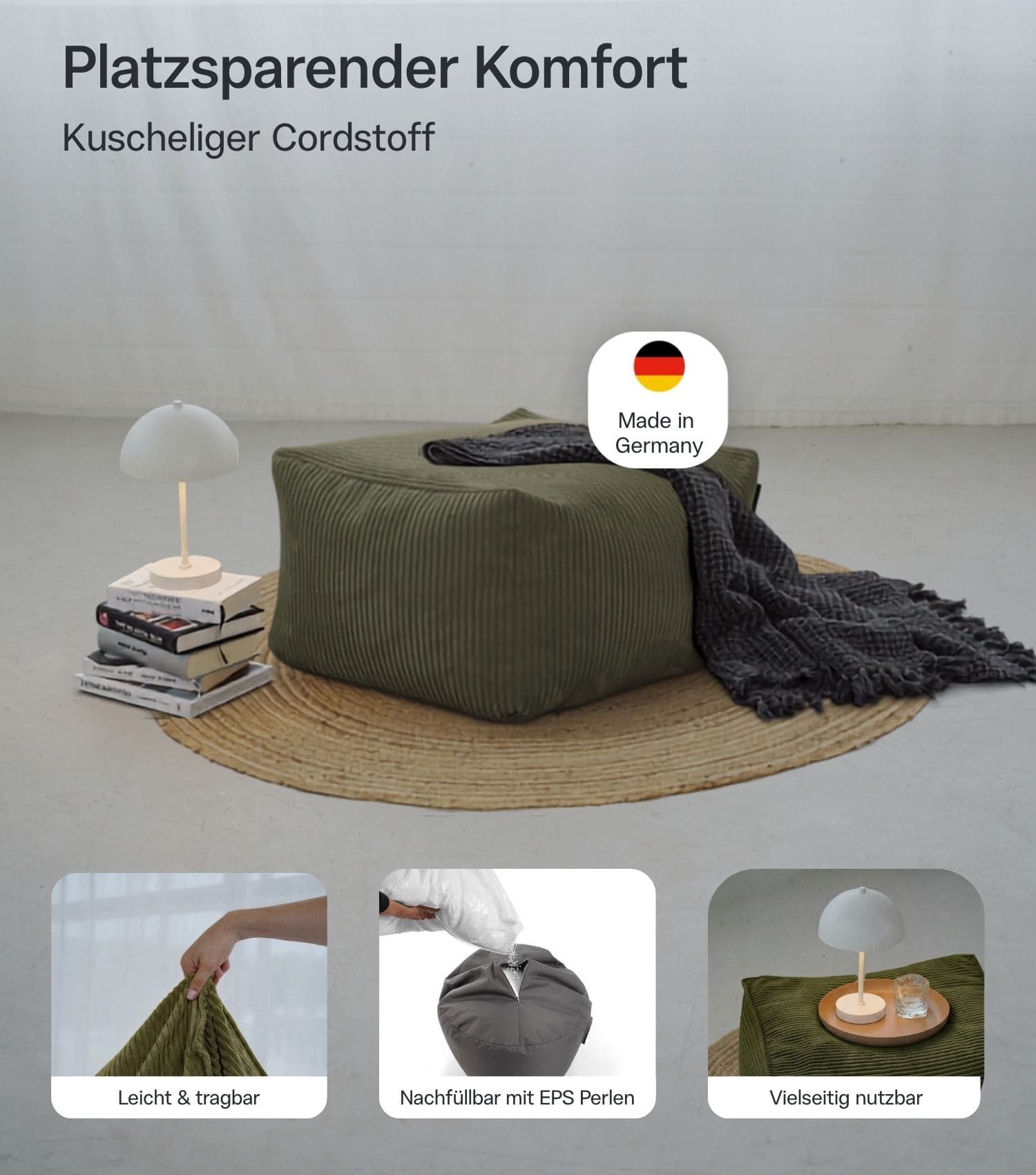 mokebo Pouf Cord Pouf 'Block' Hocker (aus Cordstoff), Made in Germany, Sitz-Hocker, Bodenkissen, Fußhocker eckig in Grün – Bild 3 von 5