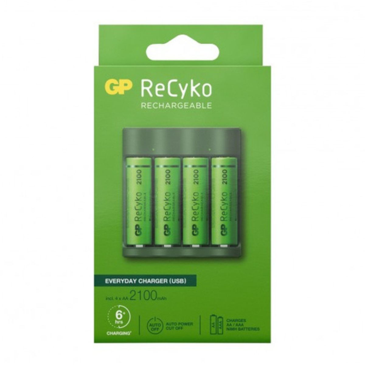 GP Batteries USB Akku-Ladegerät AA / AAA + 4x AA-Akku ReCyko Akku-Set Mignon 2100 mAh (1,2 V, 5 St), Kompakt Lader B421 + 4x AA 2100mAh Mignon LR06 LR6 Batterie Accu
