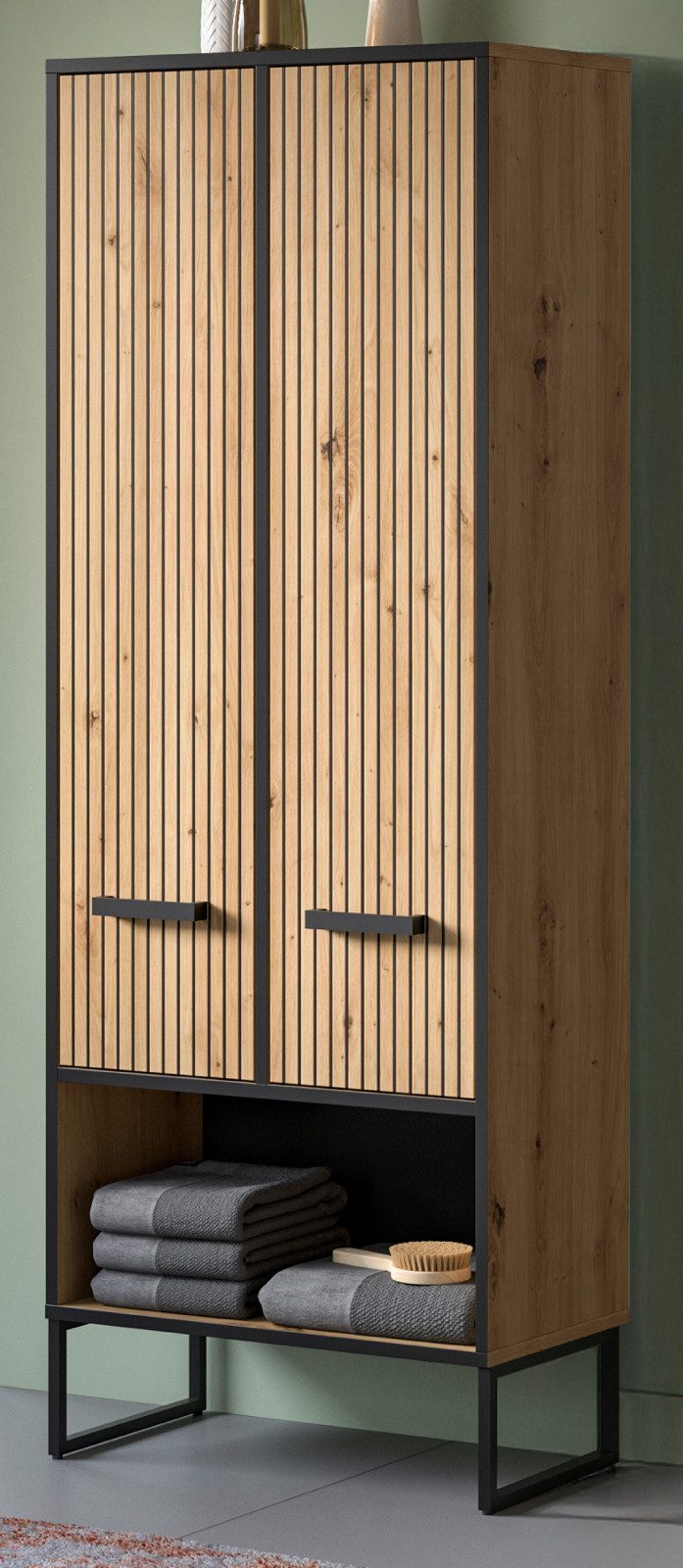 Inn.Furn Hochschrank Scana (Badschrank Eiche Artisan / Schwarz, 2-türig, 59 x 159 cm) mit Soft-Close-Funktion