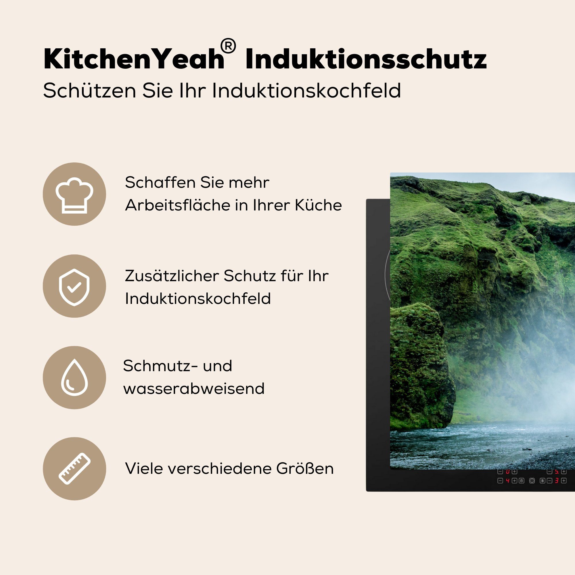 (1 Schutz tlg), MuchoWow Grün, - Induktionskochfeld Vinyl, cm, Island 81x52 küche, Herdblende-/Abdeckplatte - Ceranfeldabdeckung Wasserfall die für