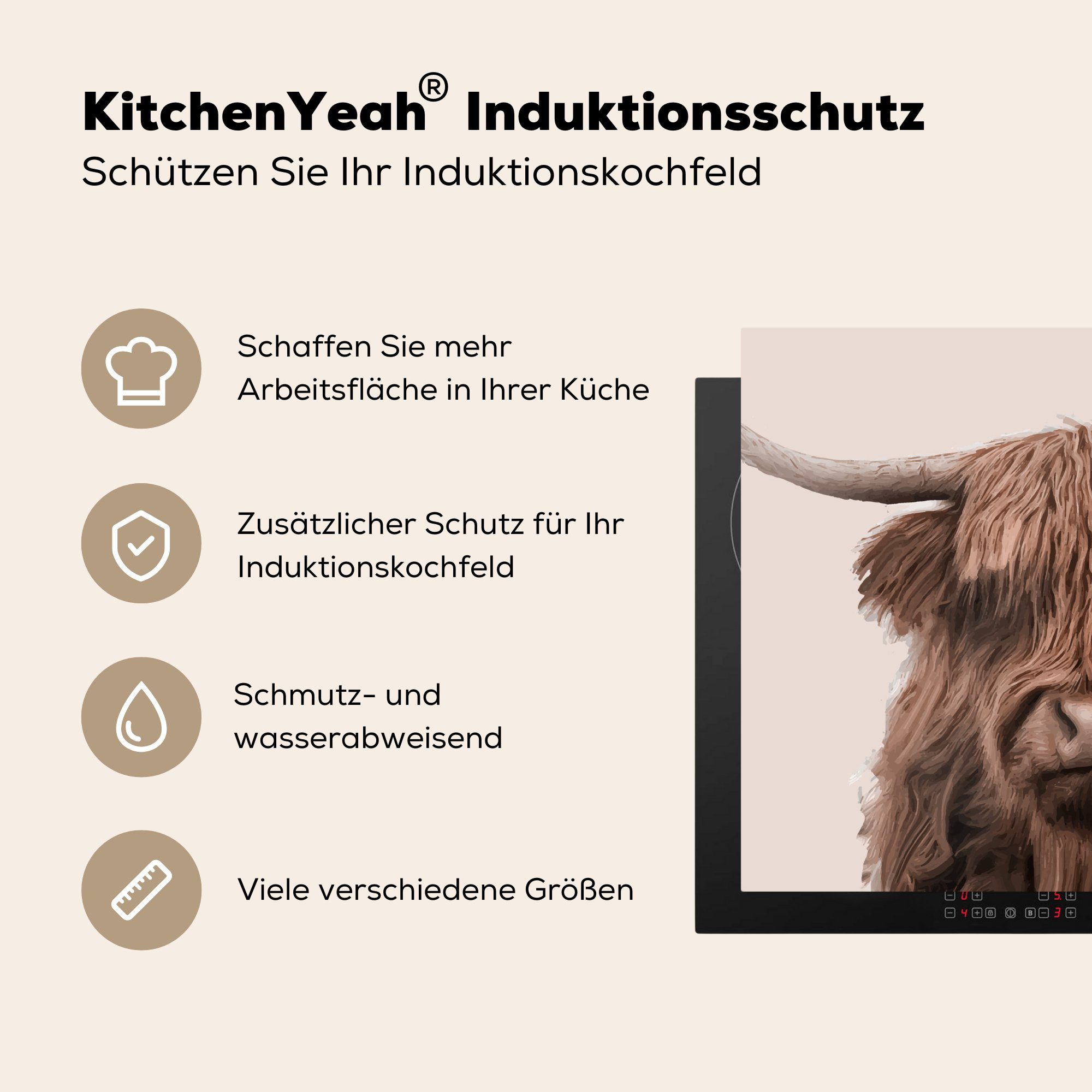 Schottischer Vinyl, für Induktionskochfeld - die (1 MuchoWow Highlander Kuh Ceranfeldabdeckung Herdblende-/Abdeckplatte Schutz tlg), küche, Vlies, cm, - 71x52
