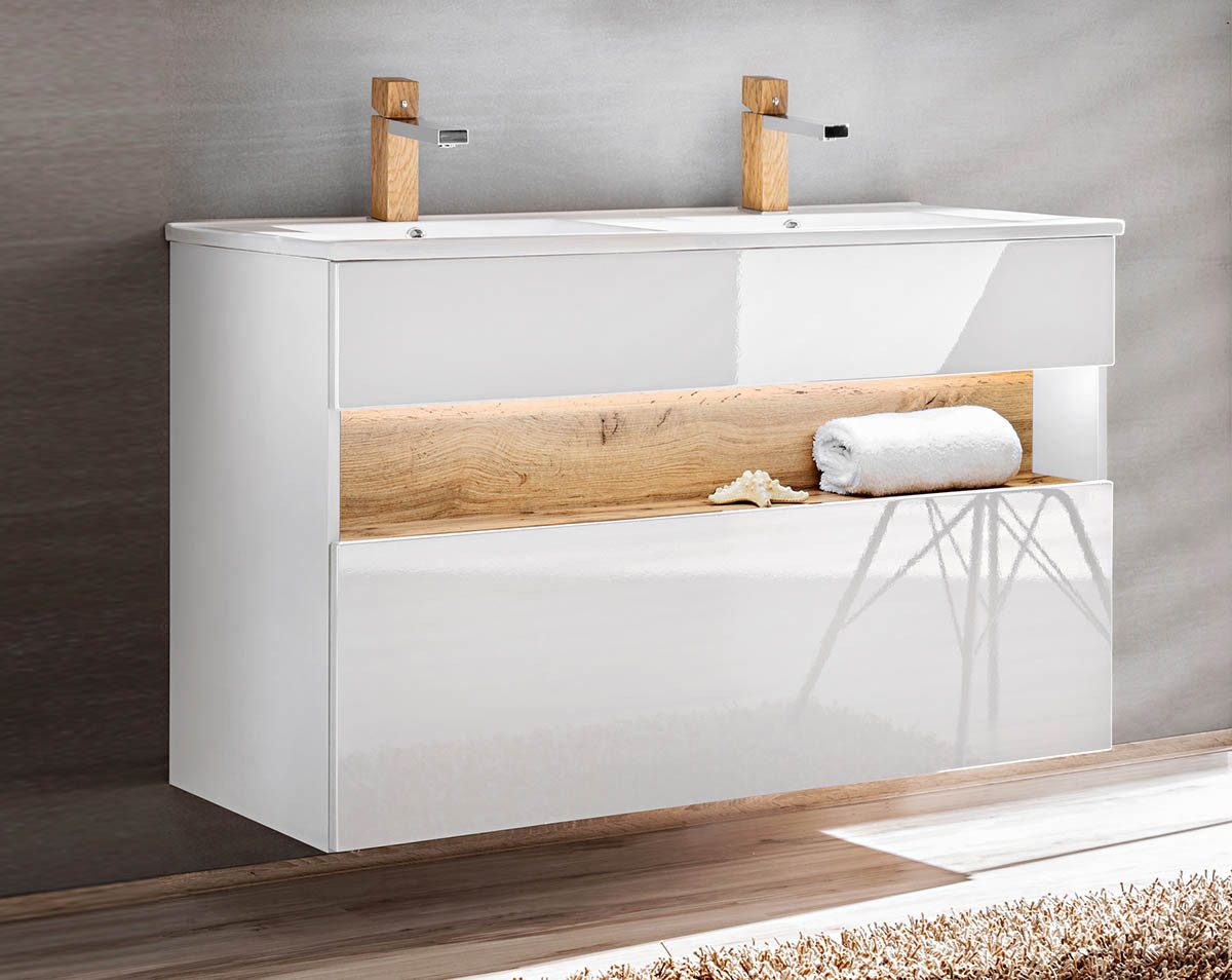 einfachgutemoebel Waschtisch-Set Doppel- oder Singlewaschplatz Bahama 120cm, weiss-hochglanz-Wildeiche, (1-St., Unterschrank & Waschbecken)