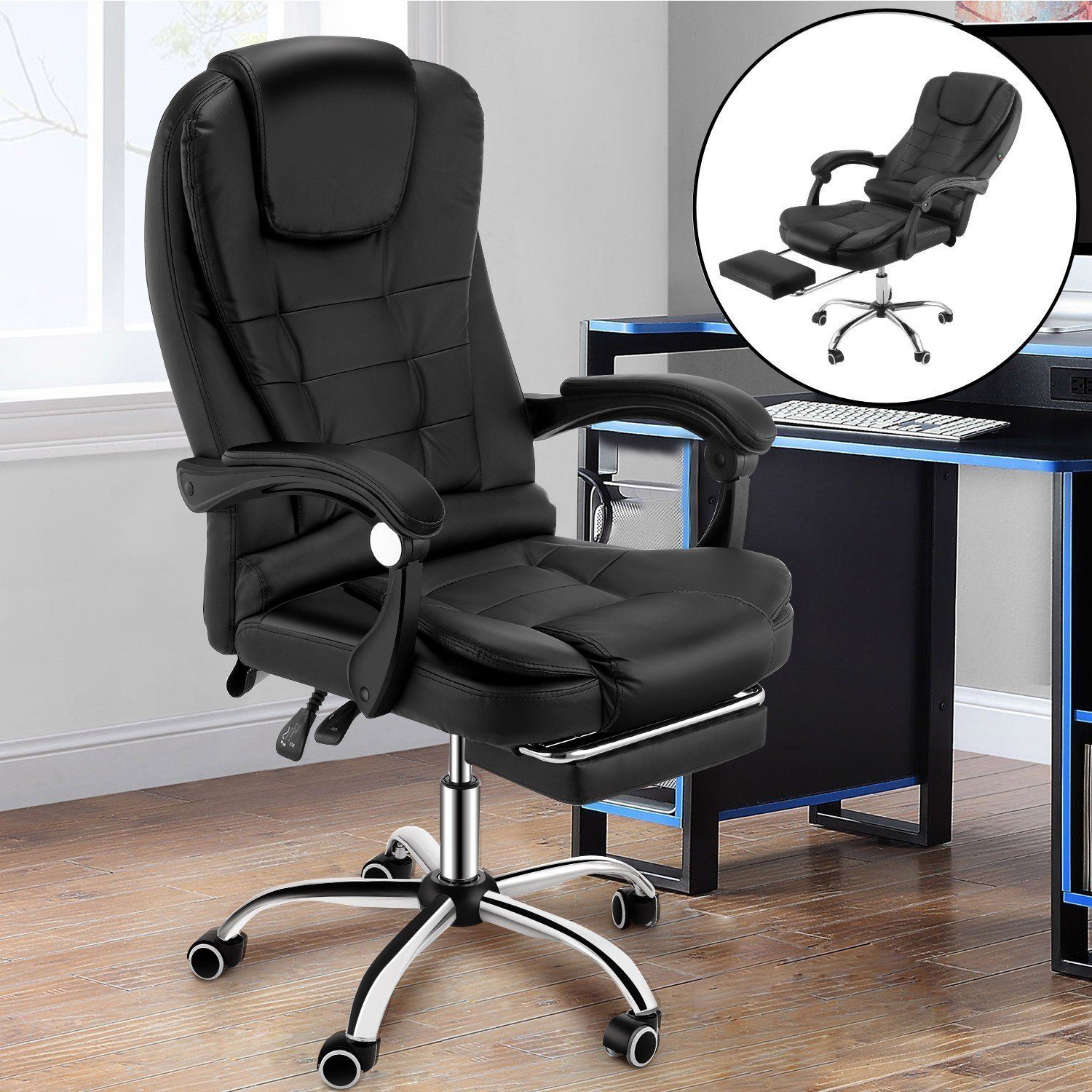 iscooter Gaming-Stuhl Massagesessel Bürosessel Bürostuhl 2 Punkt Vibrations Massage, Schwarz, Höhenverstellbarer Drehstuhl mit Fußstütze & Massagefunktion