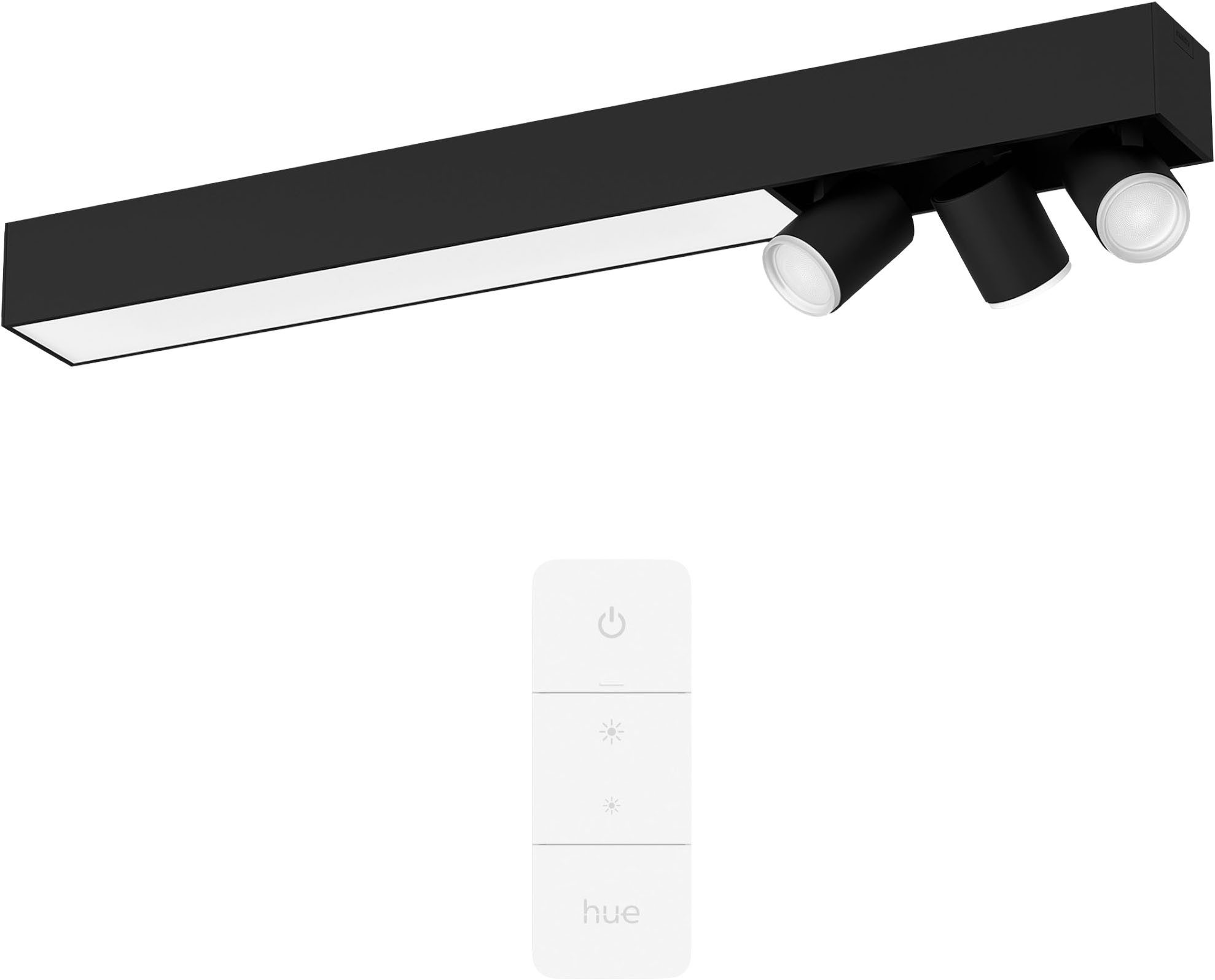 Philips Hue Smarte LED-Leuchte Bundle White & Color Ambiance Centris 3er Spot schwarz, Abschaltautomatik, Bluetooth, CCT - über Fernbedienung, Dimmer, Dimmfunktion, Farbsteuerung, Farbwechsel, Fernbedienung, Infrarot inkl., Leuchtdauer einstellbar, Memoryfunktion, Nachtlichtfunktion, RGB, Smart Home, Timerfunktion, dimmbar über Fernbedienung, erweiterbar, mehrere Helligkeitsstufen, LED wechselbar, RGB, inkl. Philips Hue Dimmschalter